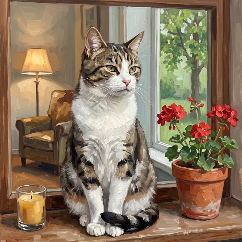 Witziges Tierportrait als Ölgemälde: Auf der Fensterbank