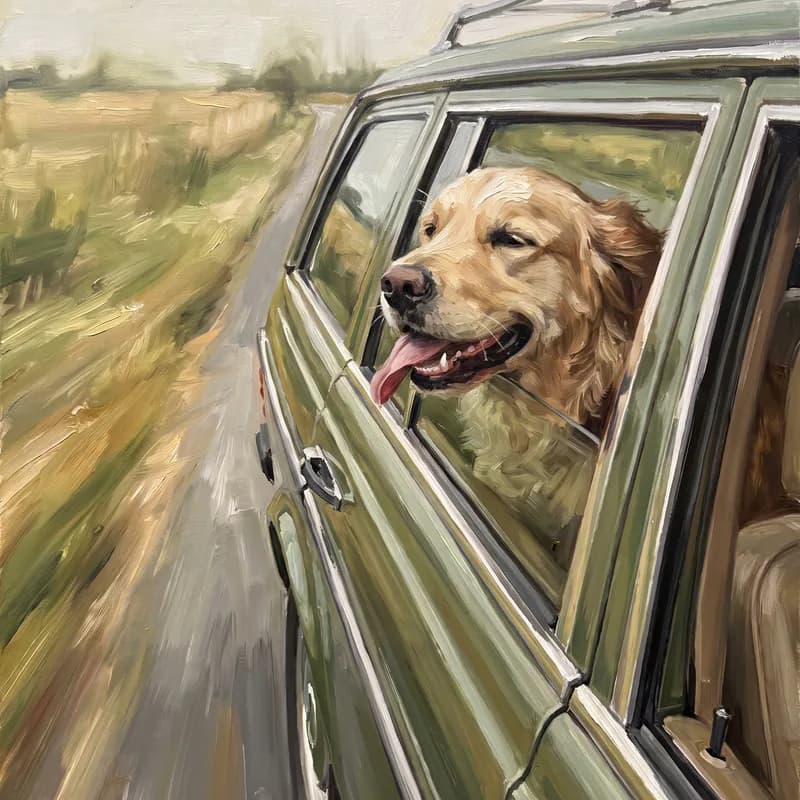 Witziges Tierportrait als Ölgemälde: Im Autofenster