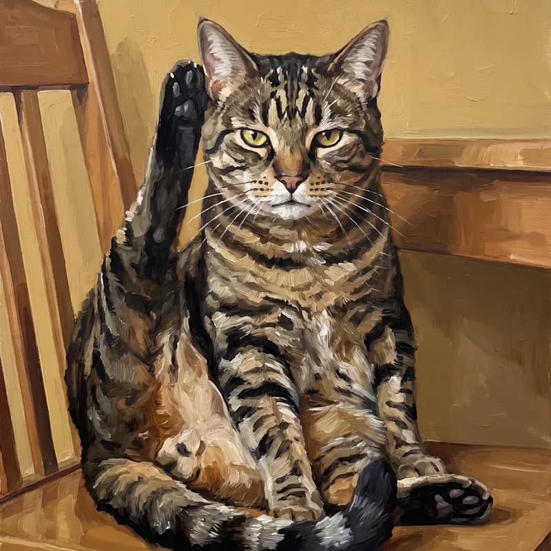 Witziges Tierportrait als Ölgemälde: Beim Putzen erwischt