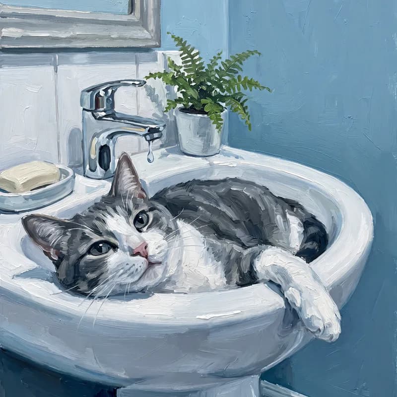 Witziges Tierportrait als Ölgemälde: Im Waschbecken