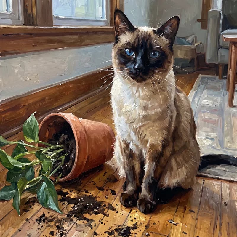 Witziges Tierportrait als Ölgemälde: Umgekippte Pflanze