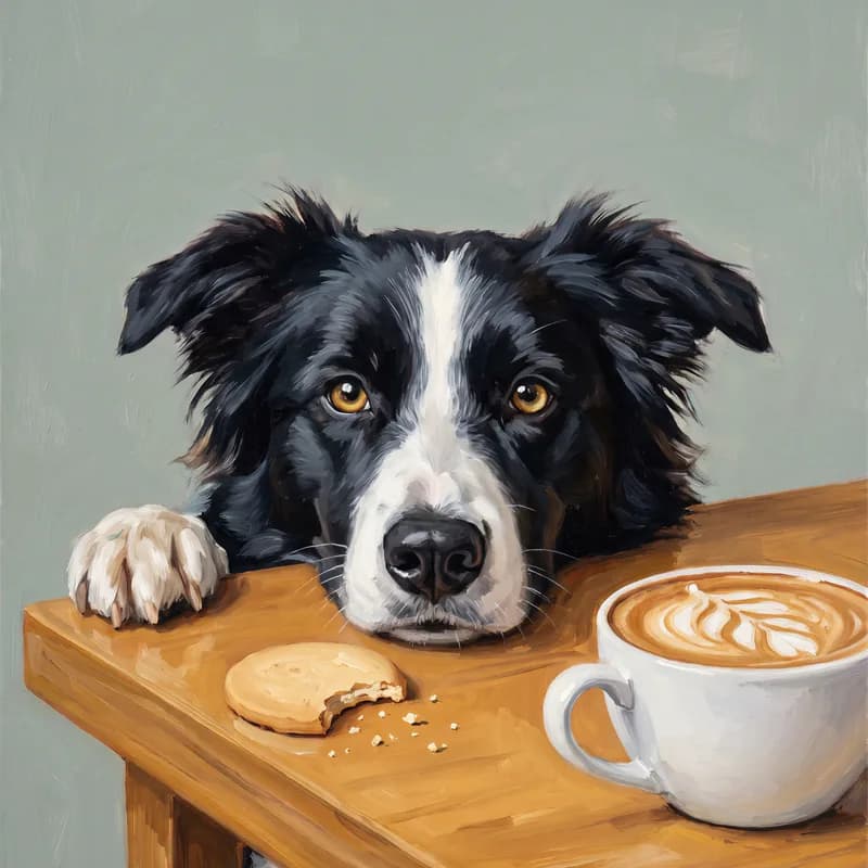 Witziges Tierportrait als Ölgemälde: Unterm Cafétisch