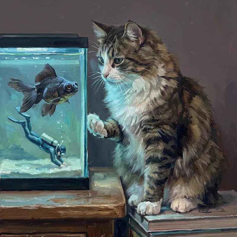 Witziges Tierportrait als Ölgemälde: Vor dem Aquarium