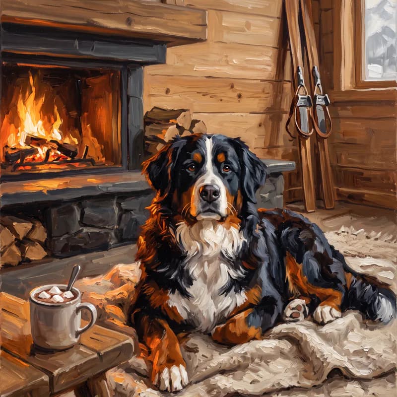 Witziges Tierportrait als Ölgemälde: Vor dem Kamin