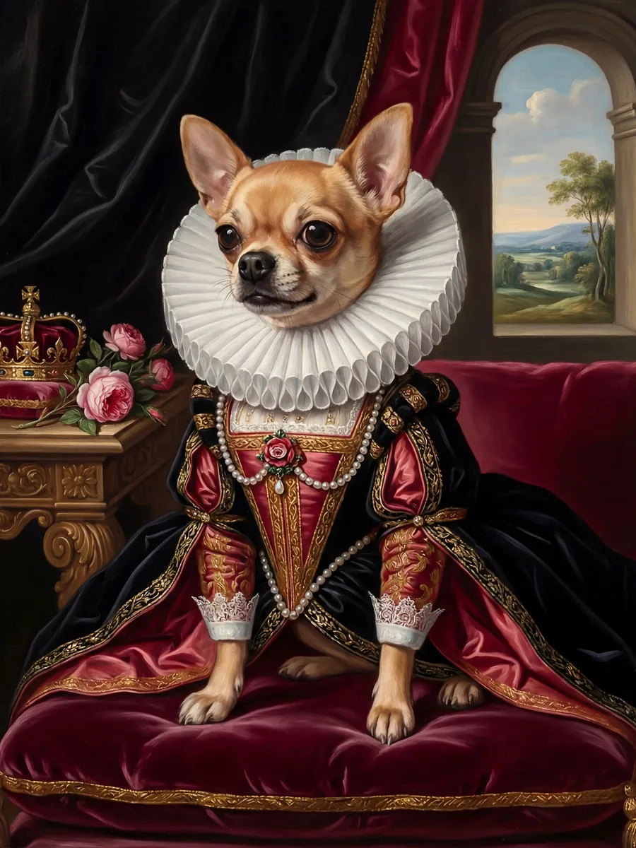 KI-generiertes königliches Ölgemälde von Chihuahua Chapa im elisabethanischen Stil