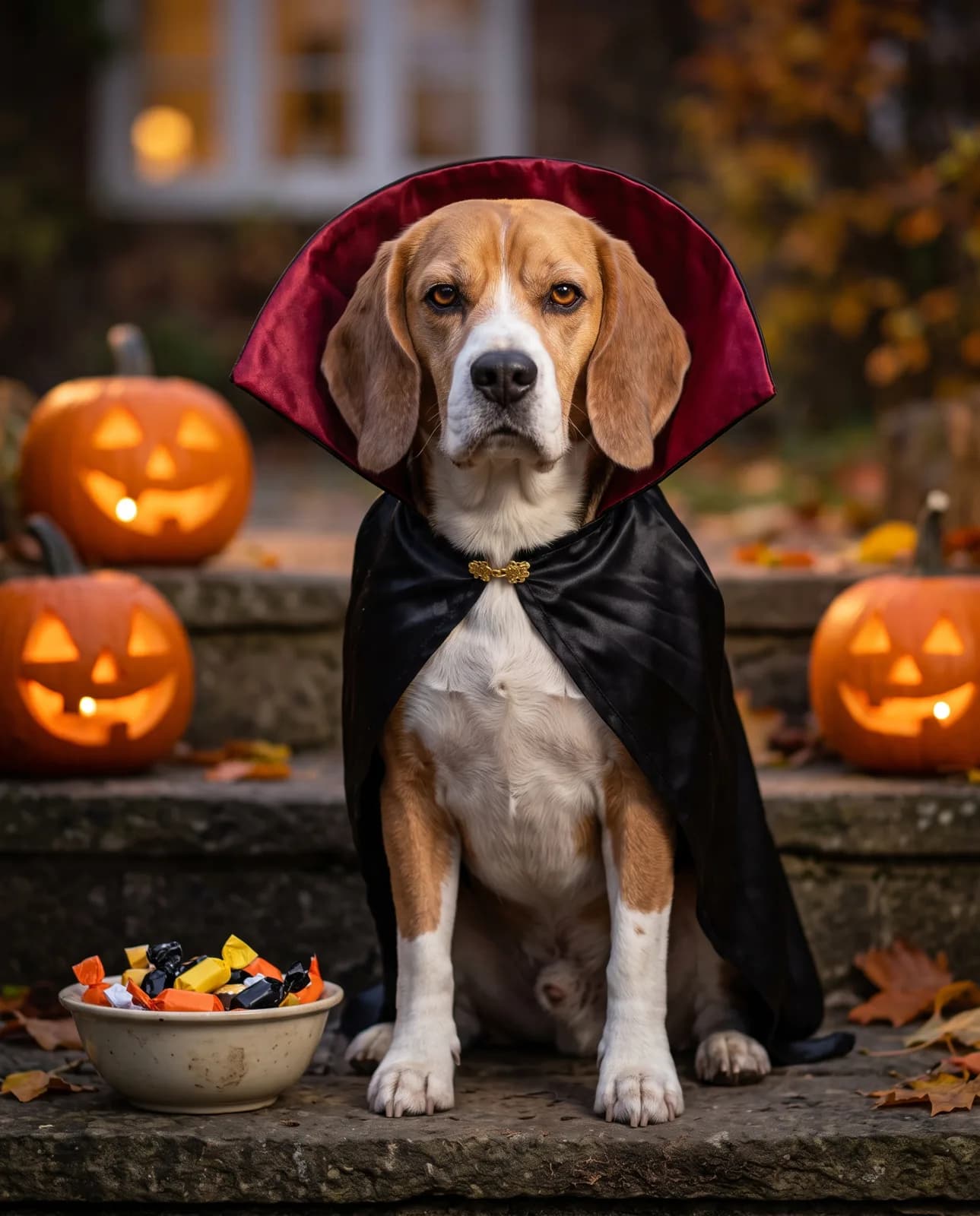 Beagle im Vampir-Umhang zwischen Kürbissen, Kostüm-Portrait nach Foto