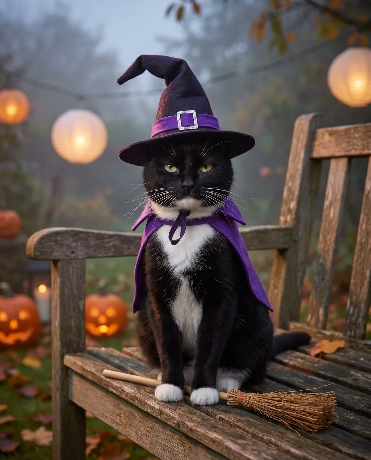 Schwarz-weiße Katze mit Hexenhut und Besen auf der Gartenbank, Kostüm-Portrait nach Foto