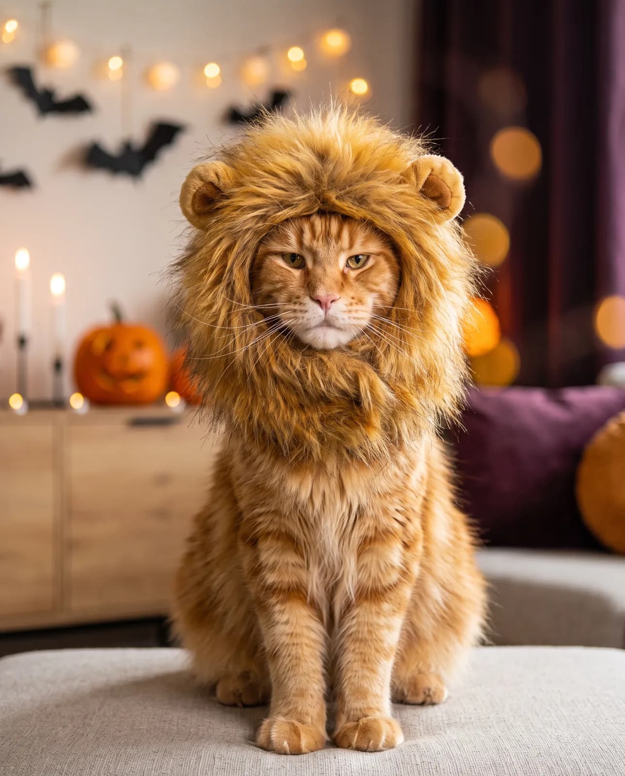 Rote Maine-Coon-Katze mit Löwenmähne an Halloween, Kostüm-Portrait nach Foto