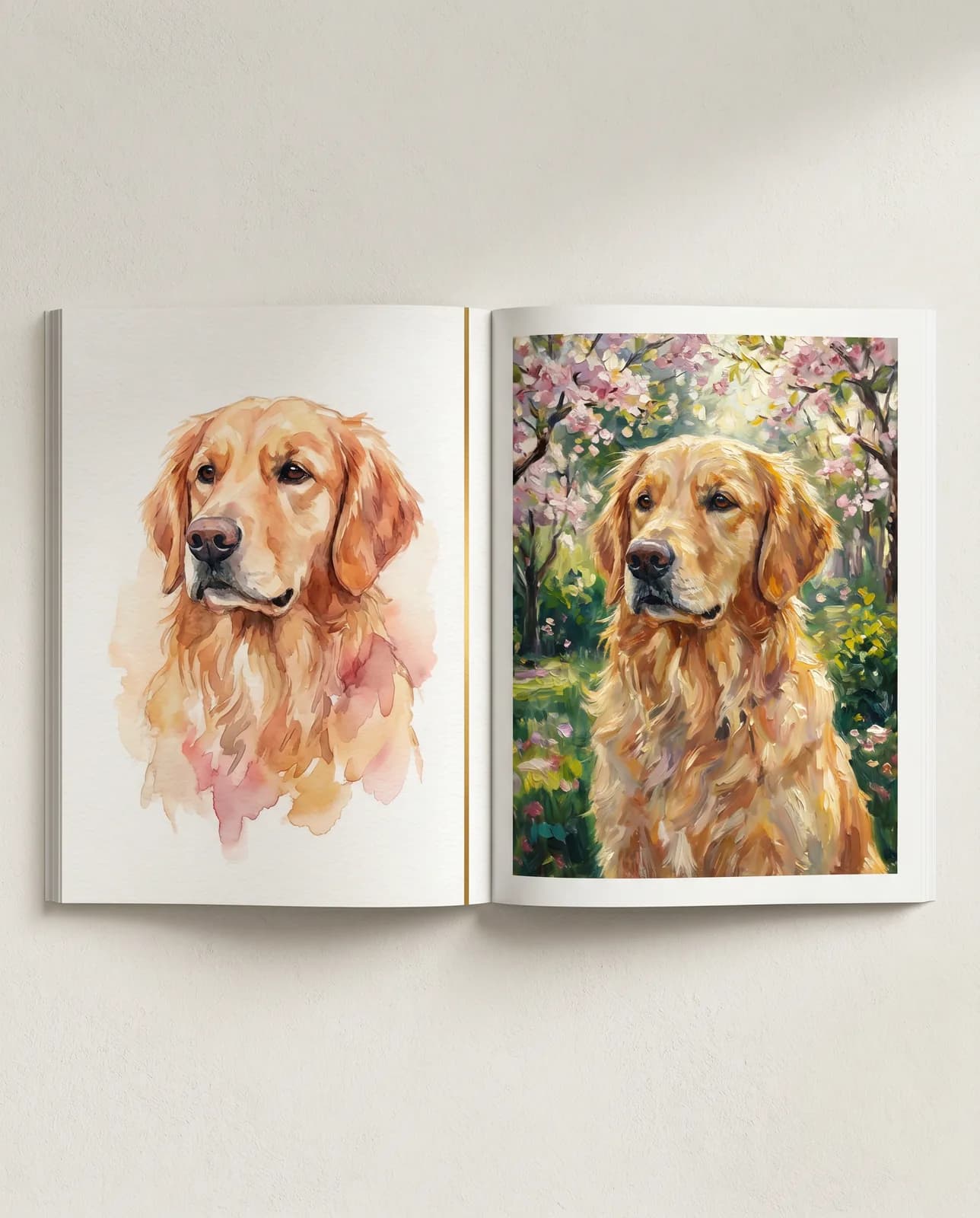 Editorial-Illustration: dasselbe Hundeportrait in zwei Stilen nebeneinander — links als Aquarell mit honigfarbenen Pinselstrichen, rechts als impressionistisches Ölbild im Sonnenlicht.