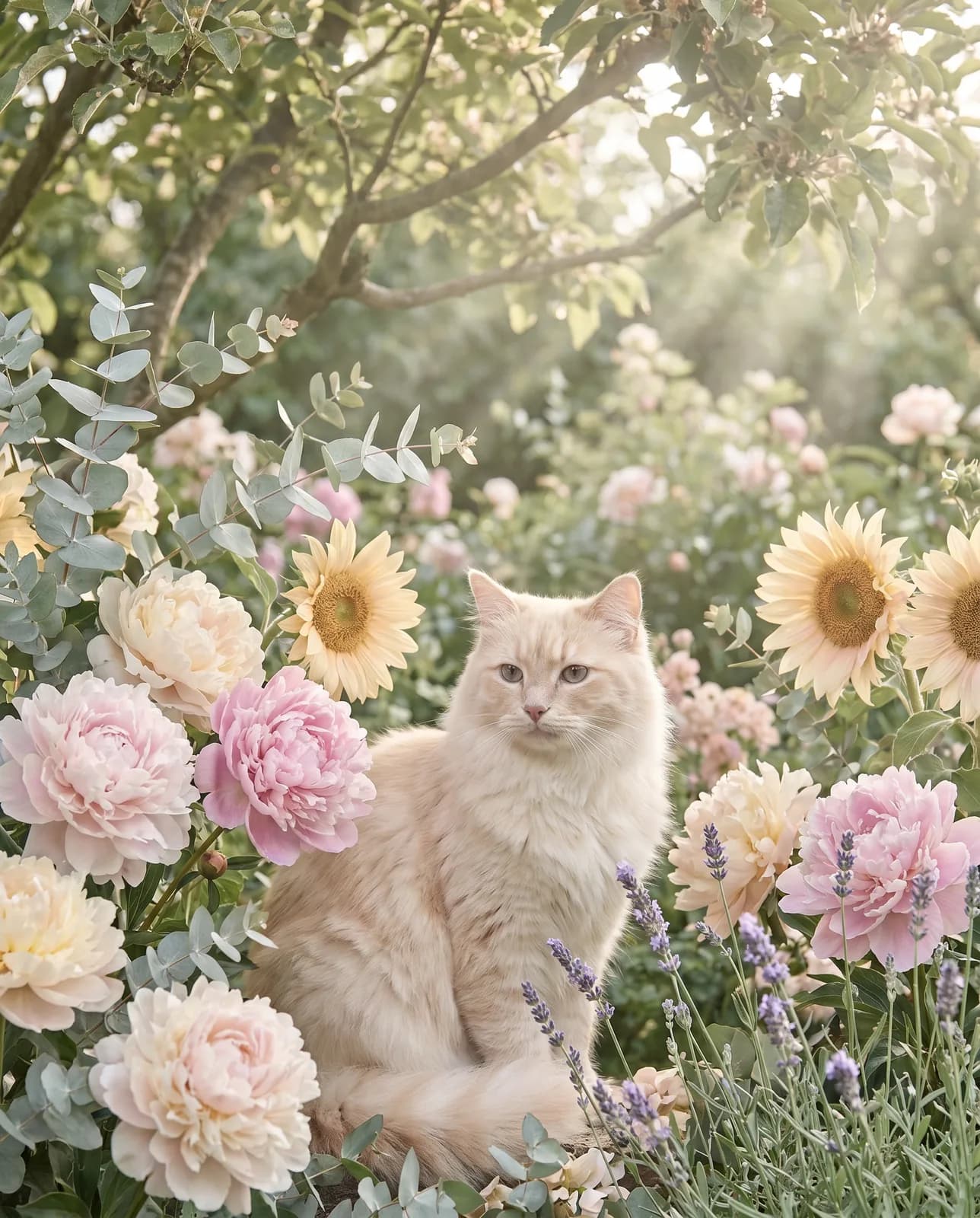 Editorial-Illustration: cremefarbene Katze umgeben von übergroßen Pfingstrosen, Sonnenblumen und Eukalyptus-Zweigen im weichen Sonnenlicht — botanisches Tierportrait.