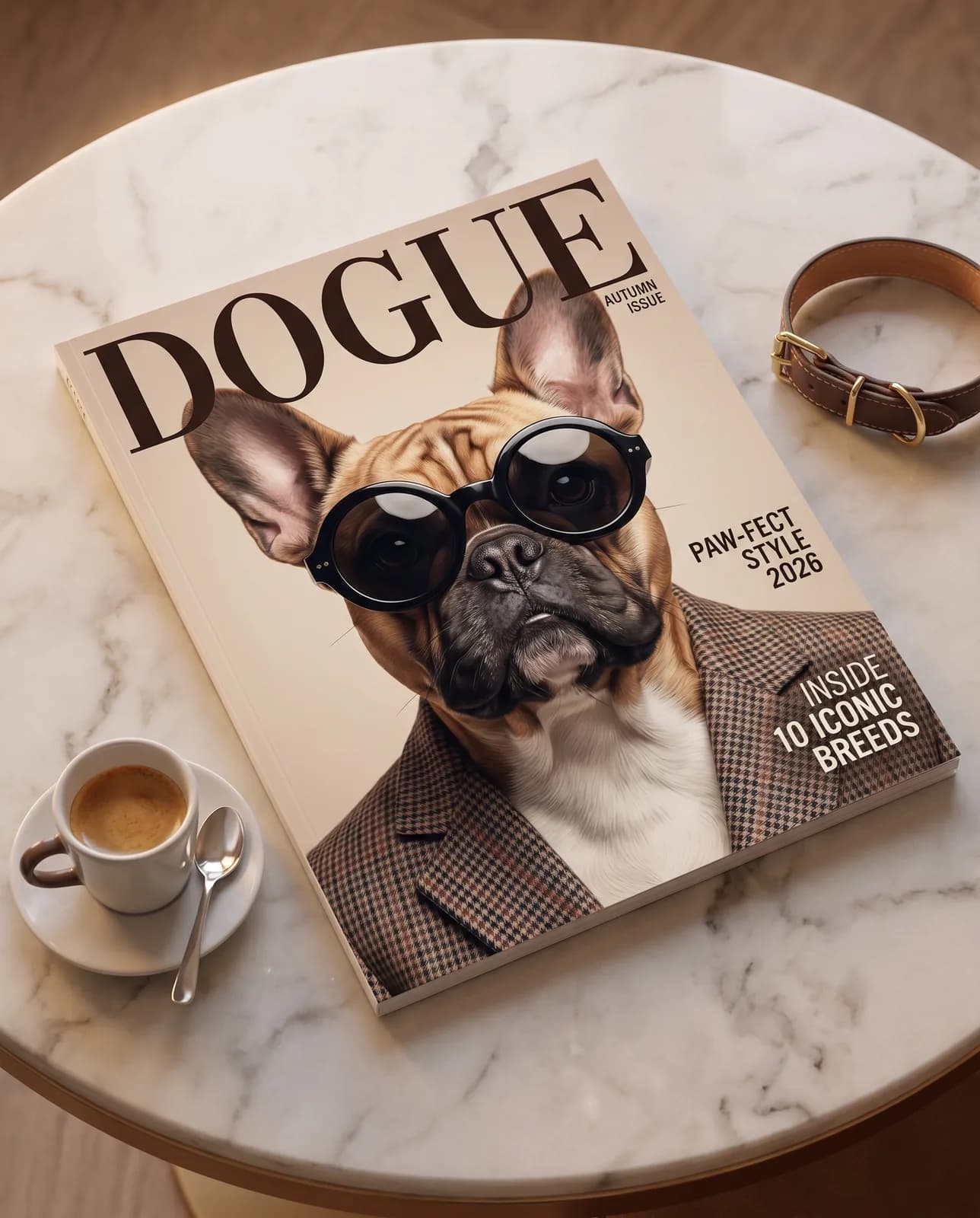 Editorial-Illustration: Magazin-Cover mit dem Schriftzug DOGUE und einem coolen French Bulldog mit Sonnenbrille — auf einem Marmor-Tisch neben einer Espressotasse fotografiert.