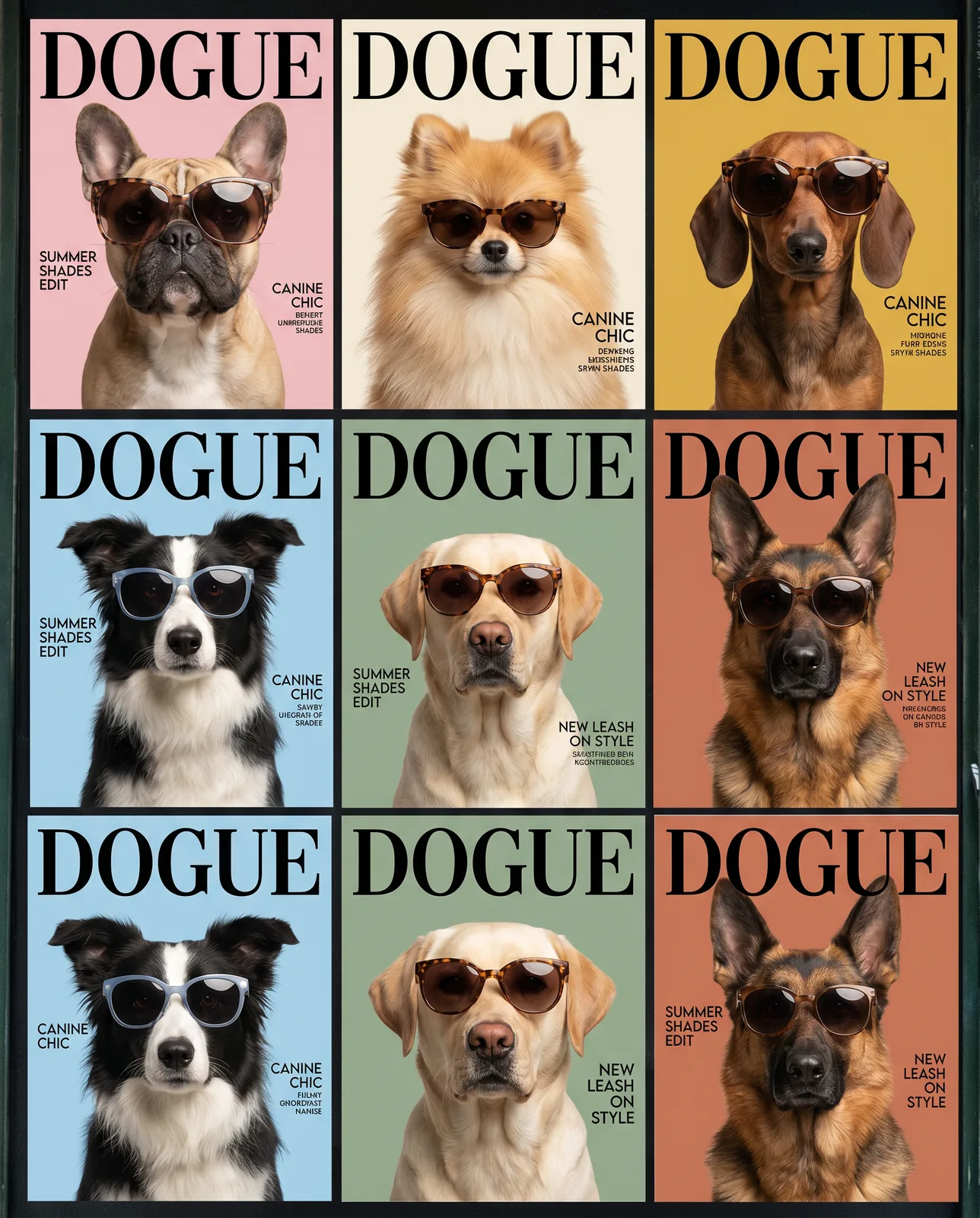 Editorial-Illustration: ein 2x3-Raster aus DOGUE-Magazin-Covern mit sechs verschiedenen Hunderassen — French Bulldog, Pomeranian, Dackel, Border Collie, Labrador, Schäferhund — alle mit Sonnenbrille.