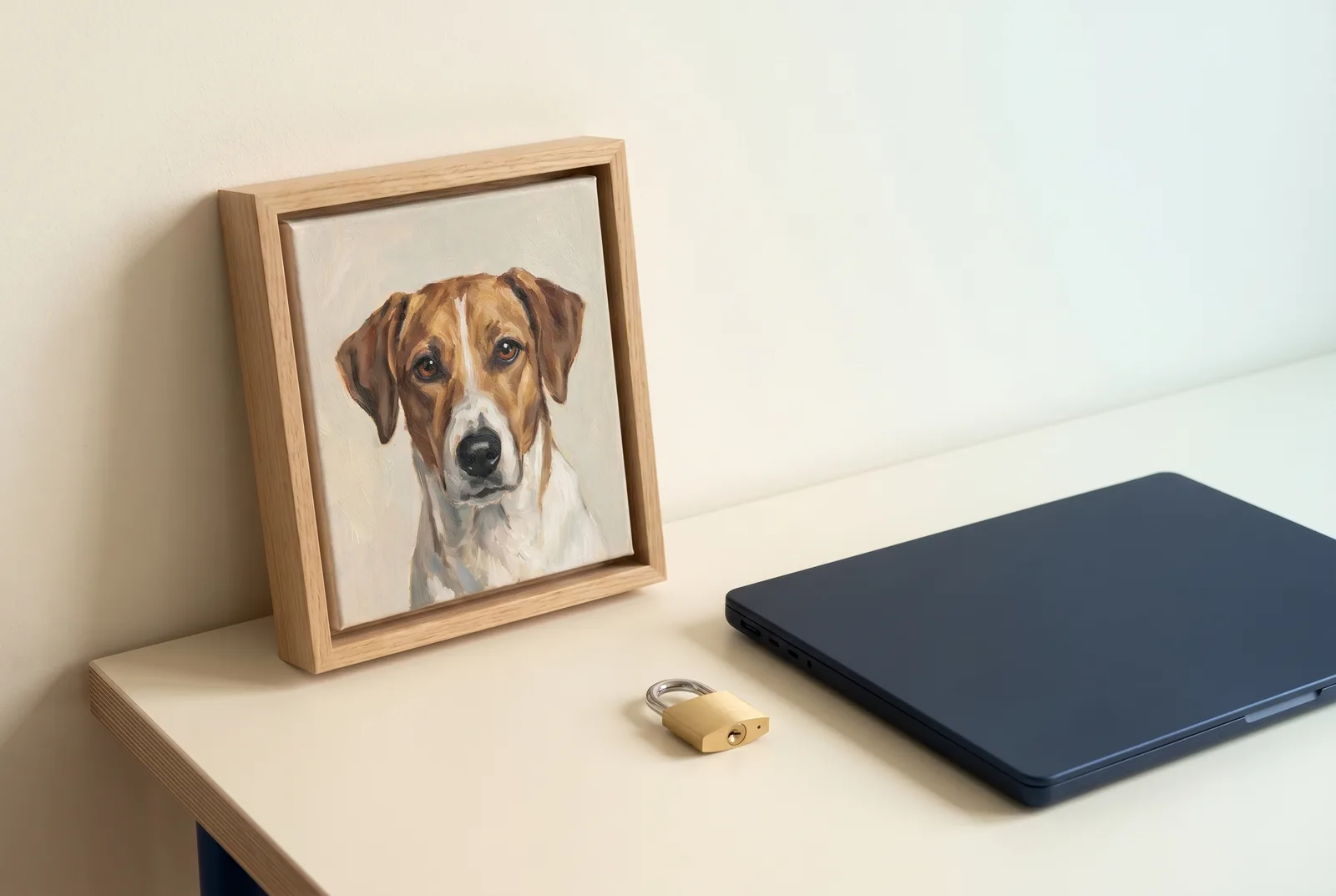 Ruhiges Schreibtisch-Stillleben: ein gerahmtes Hundeportrait im schlanken Echtholz-Rahmen neben einem geschlossenen Laptop und einem kleinen Messing-Vorhängeschloss — Sinnbild für DSGVO-konforme Verarbeitung von KI-Tierfotos.