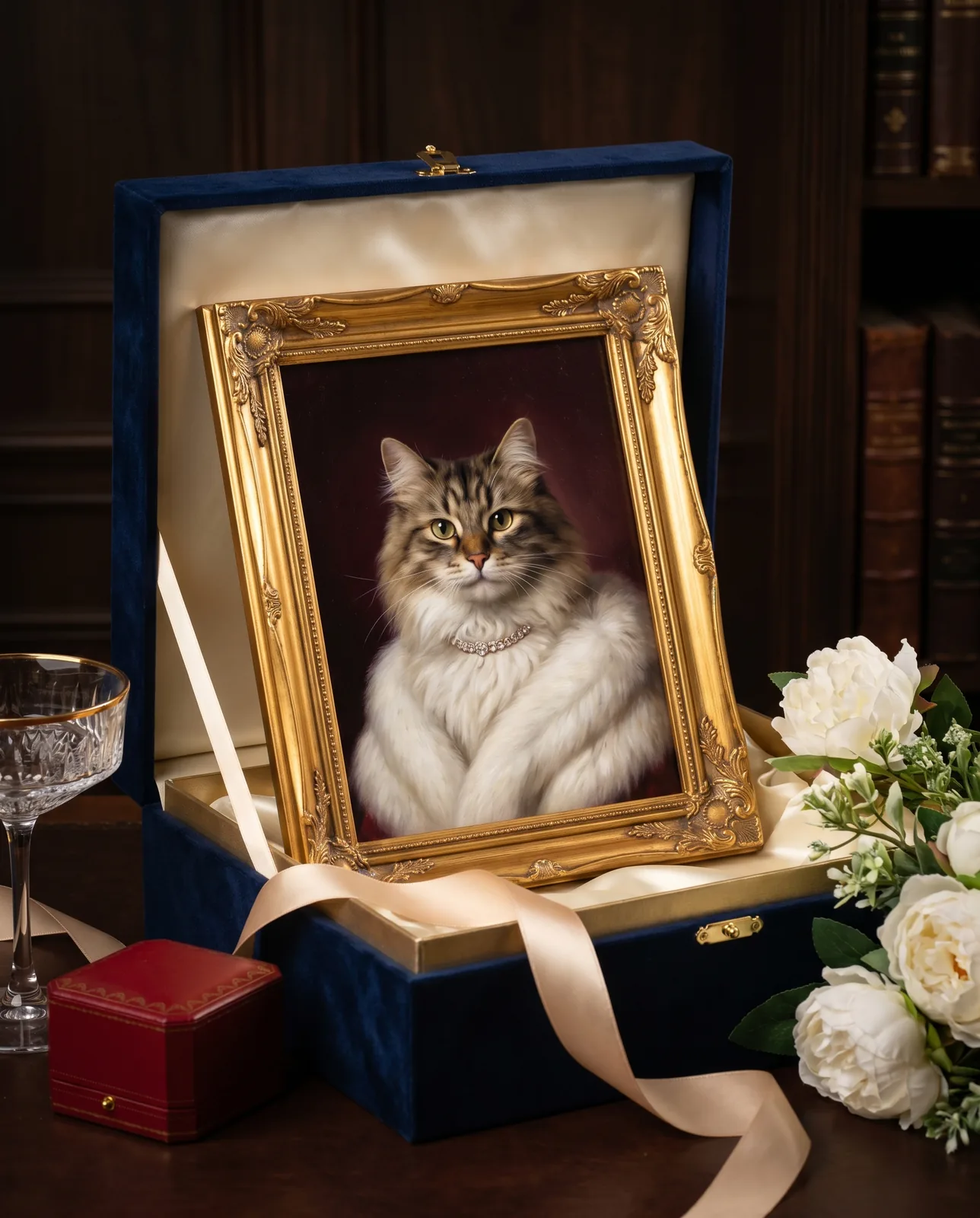 Editorial-Illustration: ein gerahmtes Gala-Luxus-Tierportrait mit Pelzstola und Diamantenhalsband in einer geöffneten Premium-Geschenkbox mit Seidenfutter und Champagnerflöte.
