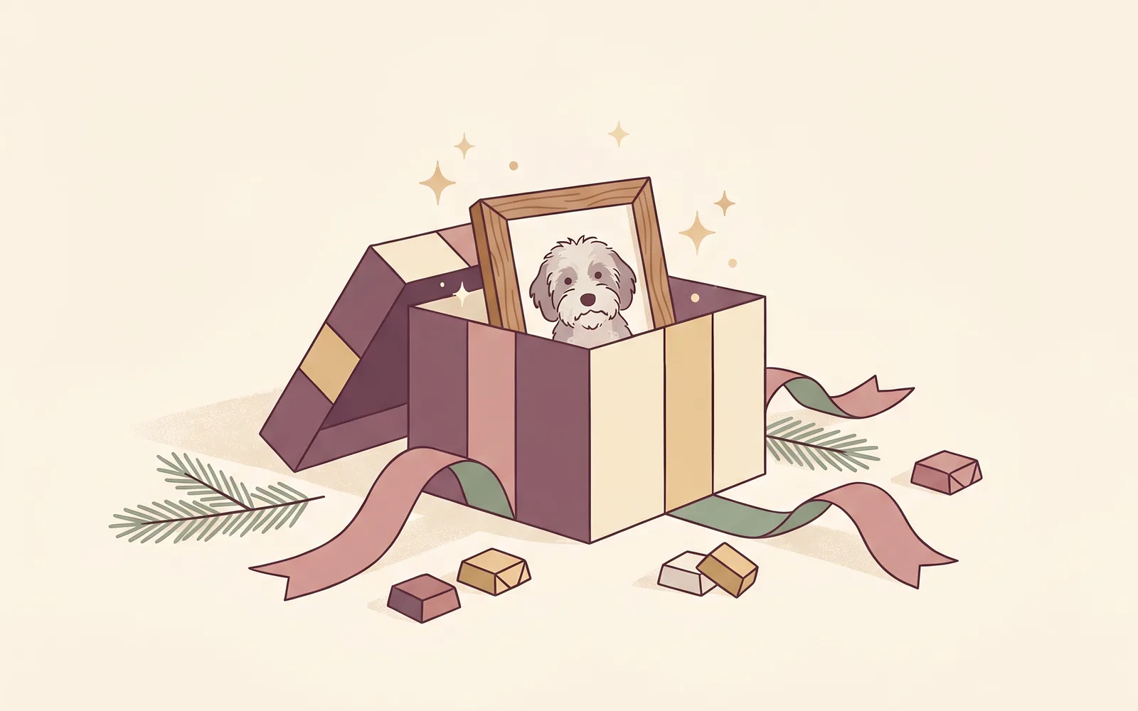 Illustration: ein gerahmtes Hundeportrait steht in einer geöffneten Geschenkbox, umgeben von Geschenkband und Tannenzweigen — Tierportrait als Weihnachtsgeschenk für Hundebesitzer.
