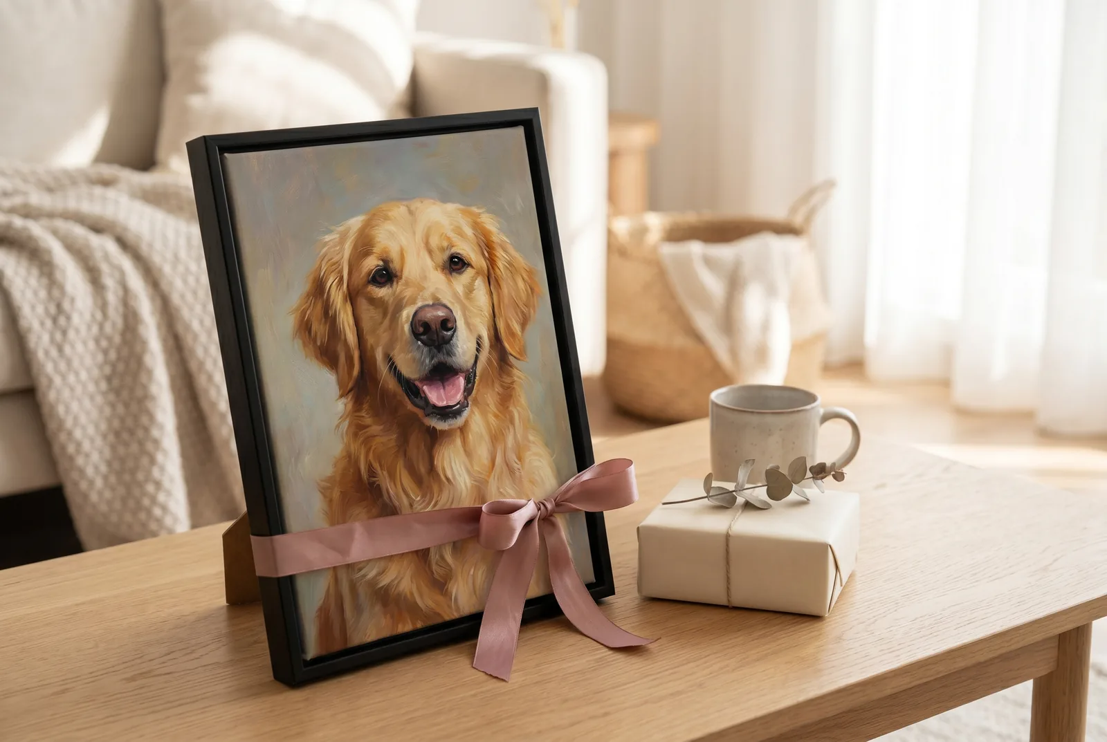 Geschenk für Hundebesitzer — ein gemaltes Hundeportrait im schlanken schwarzen Floater-Rahmen, mit Satinschleife auf einem Wohnzimmertisch neben einem verpackten Geschenk präsentiert.