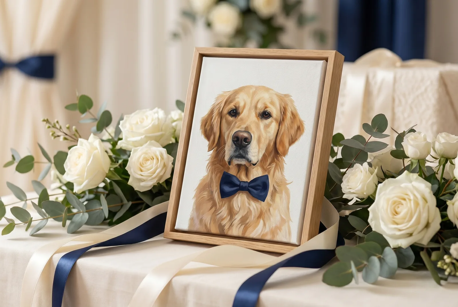 Gerahmtes Hundeportrait mit Fliege im schlanken Echtholz-Rahmen auf einem festlich gedeckten Hochzeitstisch mit weißen Rosen und Eukalyptus — Tierportrait als Hochzeitsgeschenk.