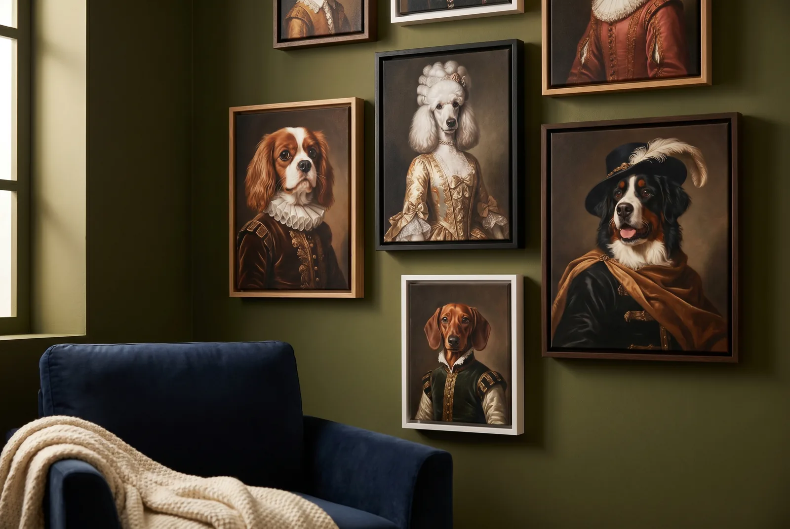 Mehrere gerahmte Barock-Portraits verschiedener Hunderassen im schlanken Echtholz-Rahmen, salonartig an einer dunkelgrünen Wand gehängt — welche Rassen sich am besten für ein Barock-Portrait eignen.