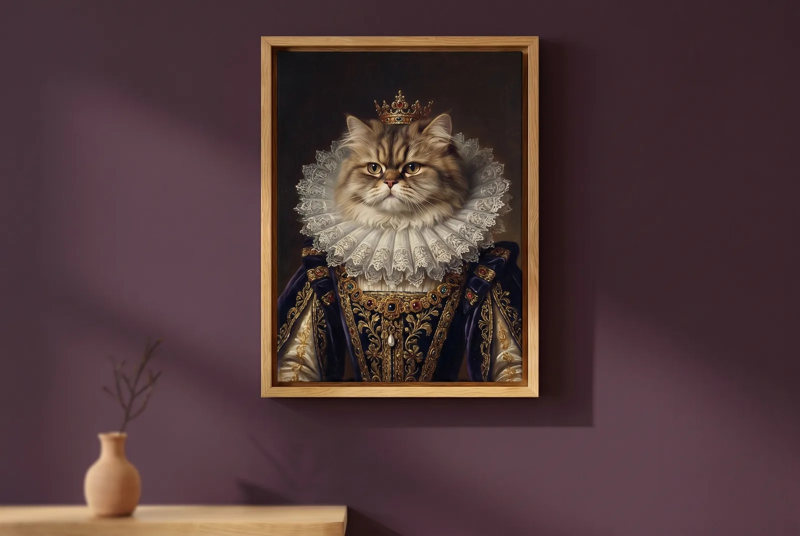 Gerahmtes Katzenportrait im elisabethanischen Stil mit weißer Spitzen-Halskrause und kleiner Krone, im schlanken Echtholz-Rahmen an einer pflaumenfarbenen Wand — die Katze als Königin.
