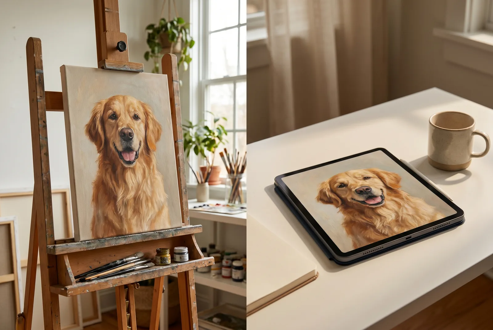 Geteilte Szene: links ein handgemaltes Hunde-Ölgemälde auf einer Staffelei mit Pinseln im Atelier, rechts dasselbe Portrait auf einem Tablet — Vergleich KI-Tierportrait gegen handgemaltes Ölgemälde.