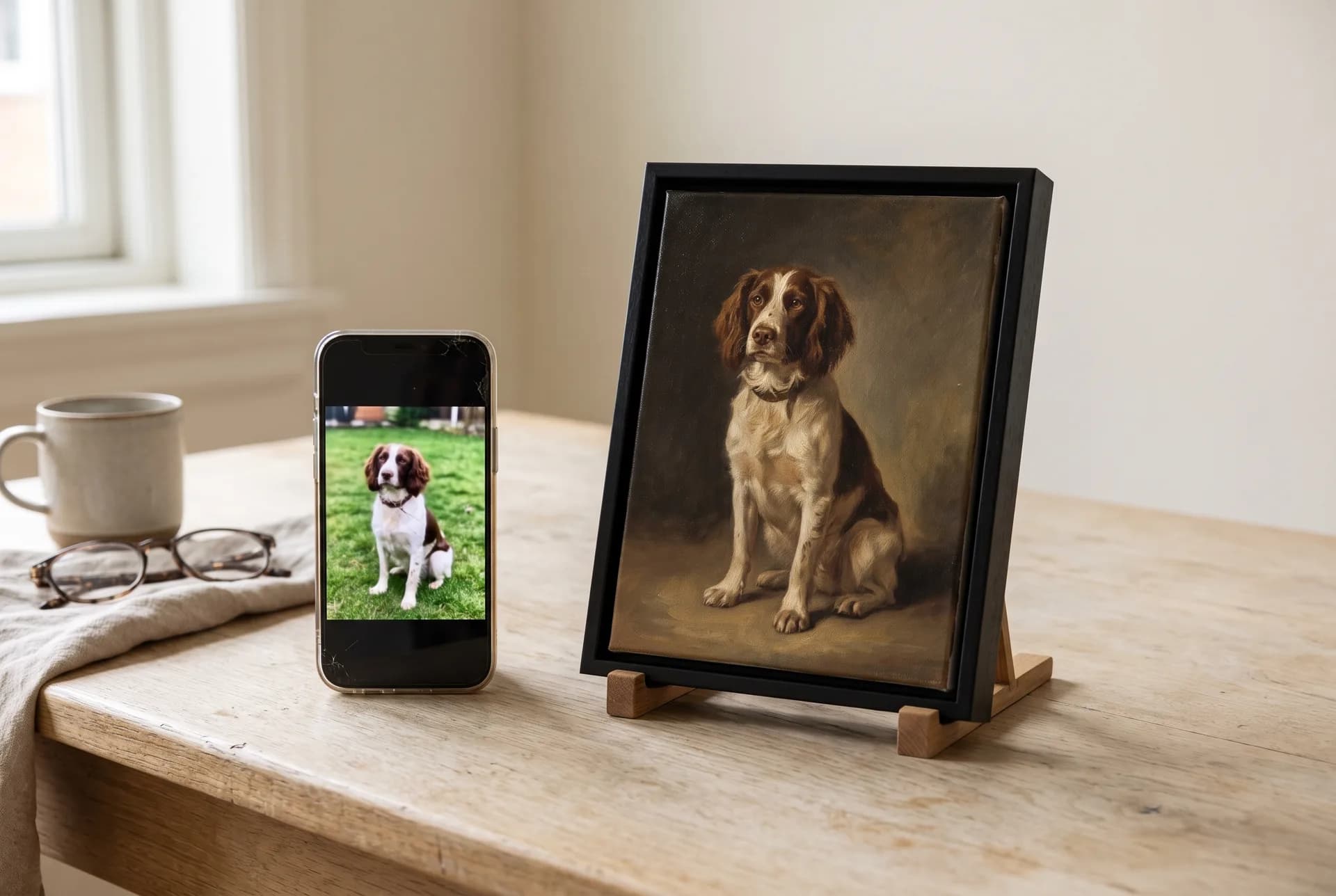 Auf einem Schreibtisch liegt ein Smartphone mit dem Schnappschuss eines Hundes, daneben steht gerahmt dasselbe Tier als gemaltes Portrait — vom Foto zum KI-Tierportrait.