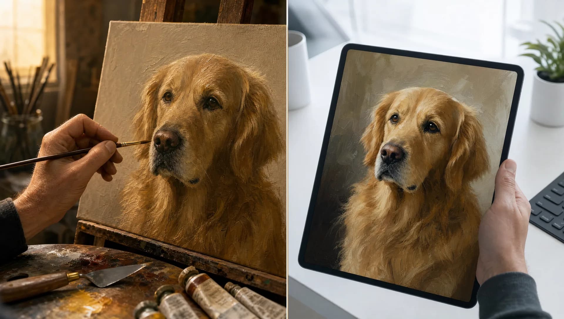 Editorial Split-Komposition: links ein Künstler mit Pinsel und Ölfarbe an einem traditionellen Hunde-Ölgemälde, rechts dasselbe Portrait auf einem Tablet-Bildschirm — Vergleich zwischen handgemaltem und KI-Tierportrait.