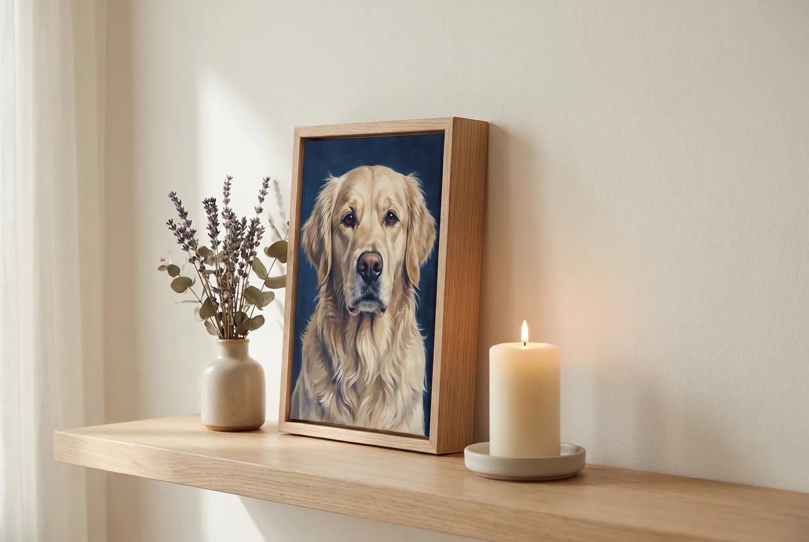 Gerahmtes Hundeportrait im schlanken Eichen-Rahmen auf einem Sims, daneben eine brennende Kerze und getrockneter Lavendel im warmen Tageslicht — Memorial-Tierportrait als würdevolle Erinnerung.