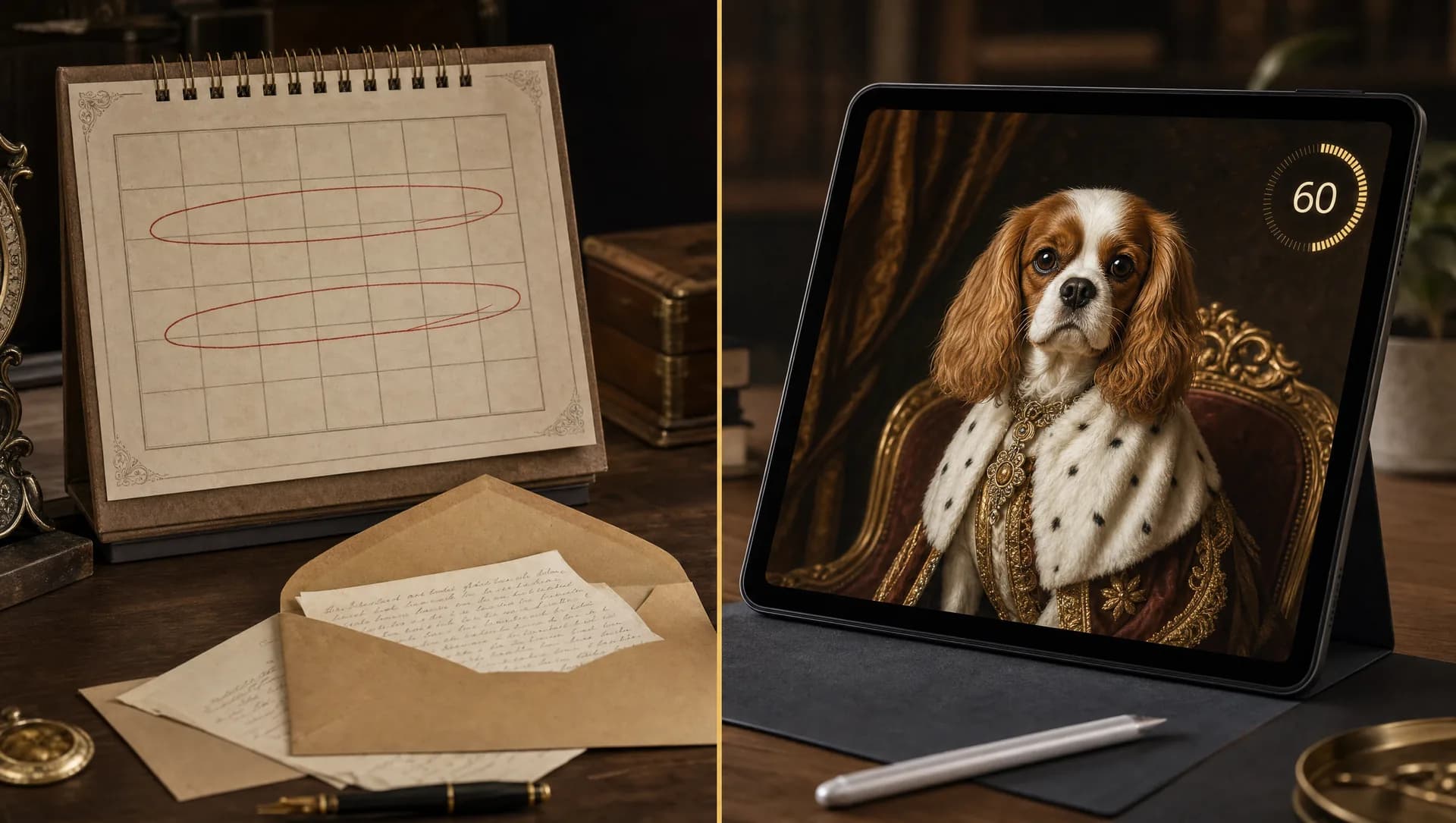 Editorial Vergleichs-Komposition: links ein Kalender mit zwei rot markierten Wochen und ein offener Brief — Symbol für klassischen E-Mail-basierten Workflow; rechts ein Tablet mit fertigem Royal-Hundeportrait und 60-Sekunden-Timer — Symbol für sofortige Vorschau.