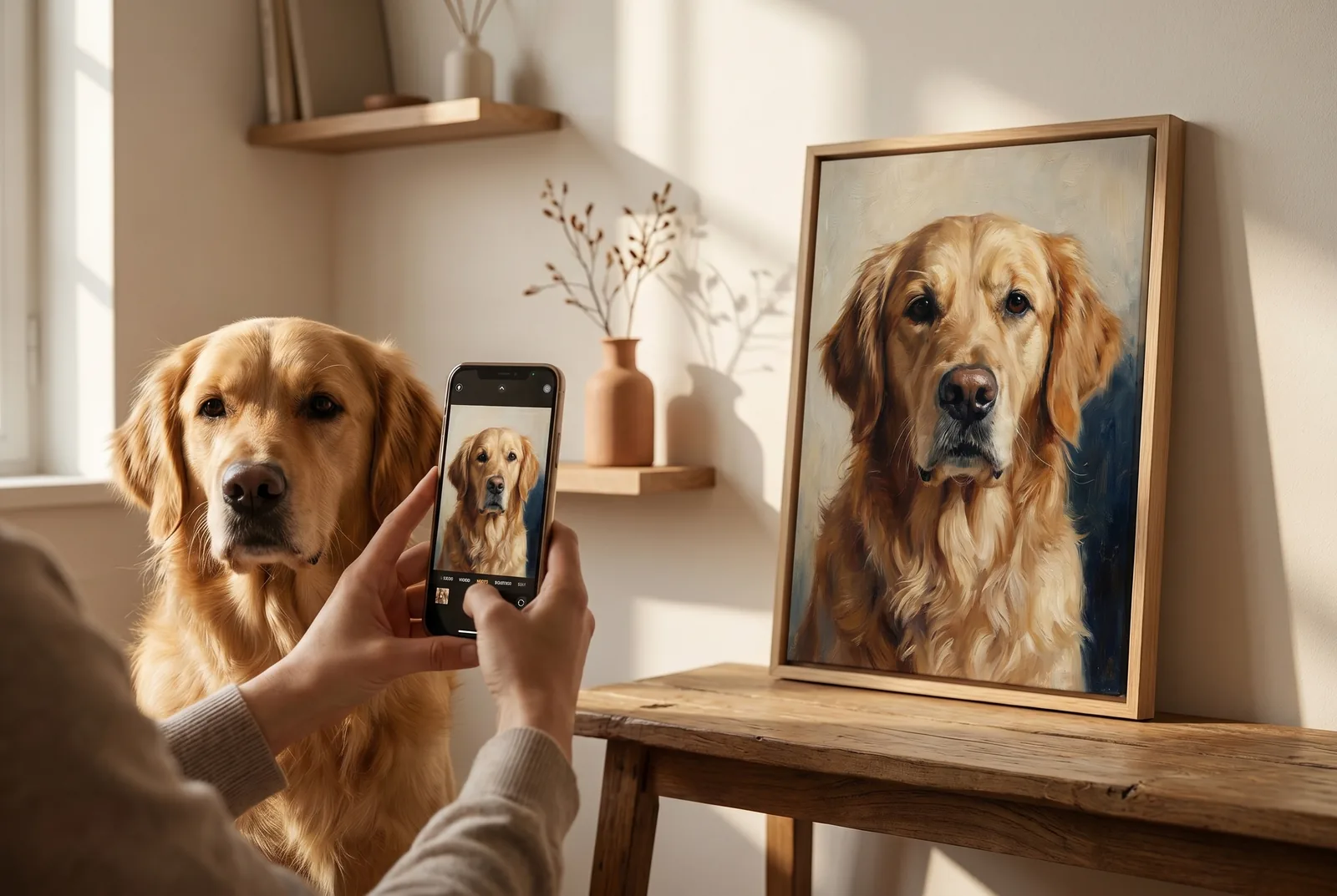 Hände fotografieren mit dem Smartphone einen Golden Retriever auf Augenhöhe; daneben auf dem Tisch ein gerahmtes Tierportrait im schlanken Echtholz-Rahmen — Vorbereitung des perfekten Fotos für ein KI-Tierportrait.
