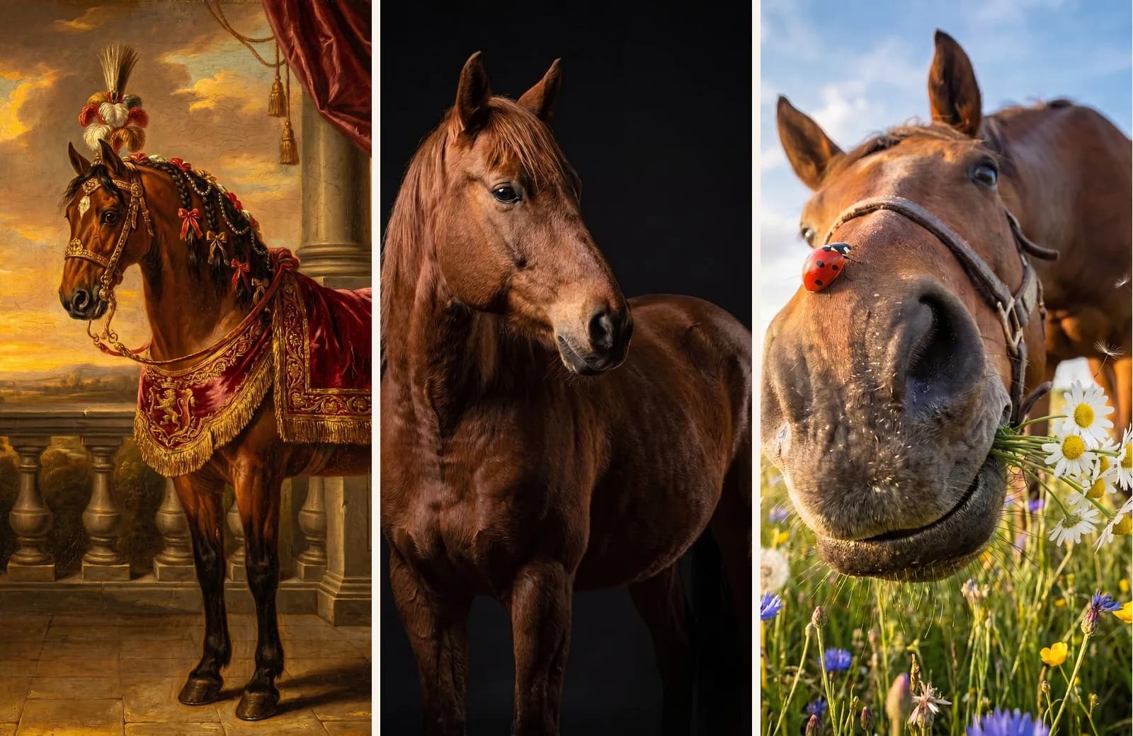 Pferdeportrait nach Foto in drei Stilen nebeneinander — ein royales Barock-Ölgemälde mit Federbusch und Satteltuch, ein elegantes Studio-Porträt vor dunklem Hintergrund und ein verspieltes Nahaufnahme-Foto eines Pferdes in einer Blumenwiese.