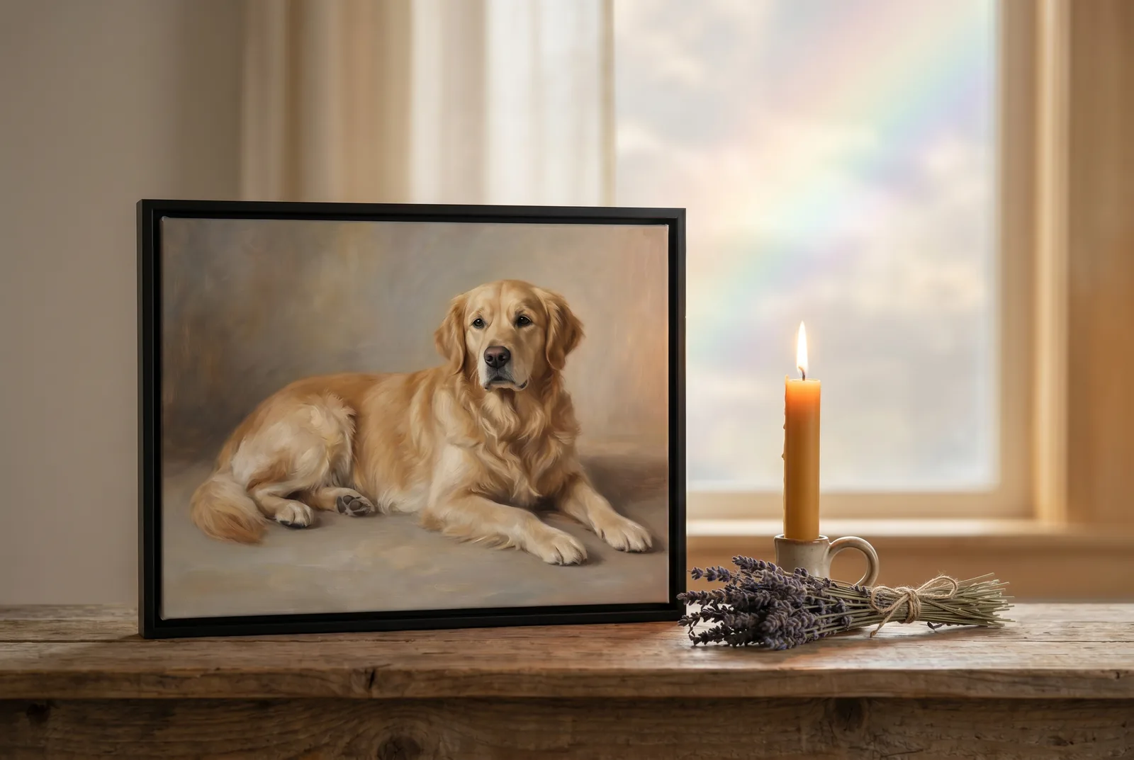 Gerahmtes Ölgemälde-Portrait eines Golden Retrievers im schlanken schwarzen Floater-Rahmen auf einem Holzsims, daneben eine brennende Kerze und getrockneter Lavendel, im Fenster ein sanfter pastellfarbener Lichtschimmer — würdevolle Regenbogenbrücke-Erinnerung.