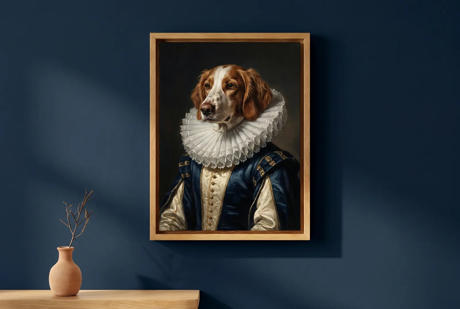 Ein gerahmtes Hundeportrait in Renaissance-Hofkleidung mit weißer Halskrause, im schlanken Echtholz-Rahmen an einer dunkelblauen Wand — Beispiel für ein Royal Pet Portrait.