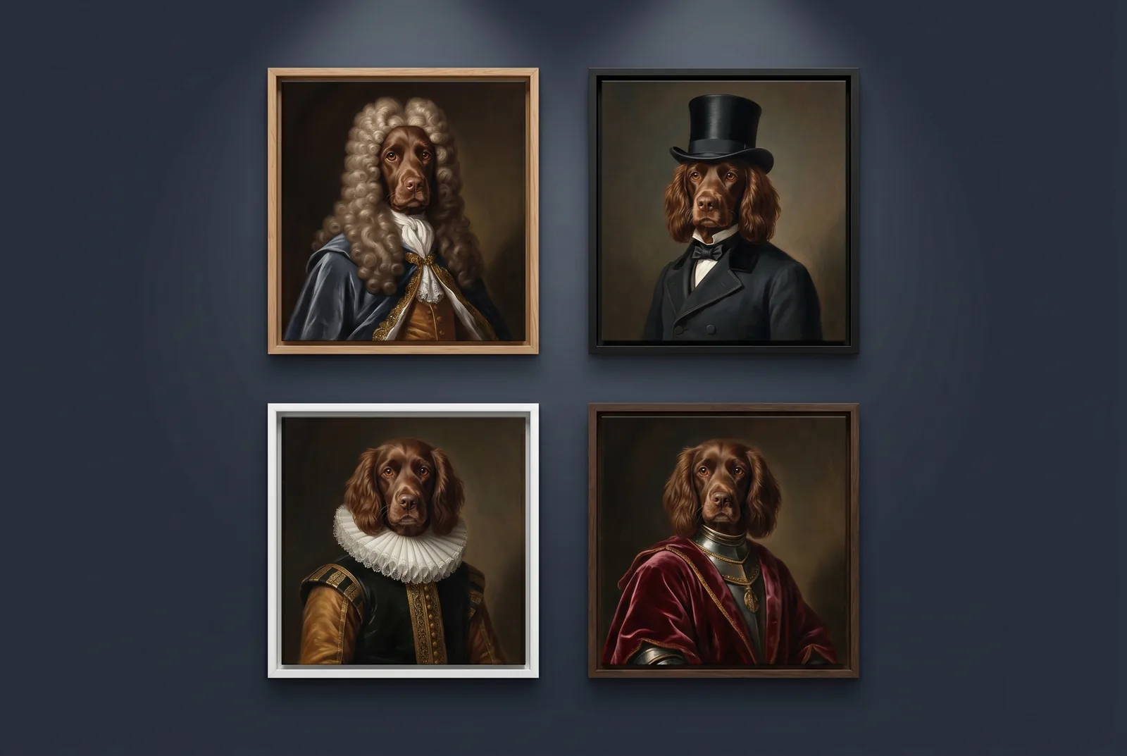 Vier gerahmte Hundeportraits desselben Hundes in vier royalen Stilen, je im schlanken Echtholz-Rahmen an einer dunklen Wand — Vergleich von Barock, Viktorianisch, Elisabethanisch und Renaissance.