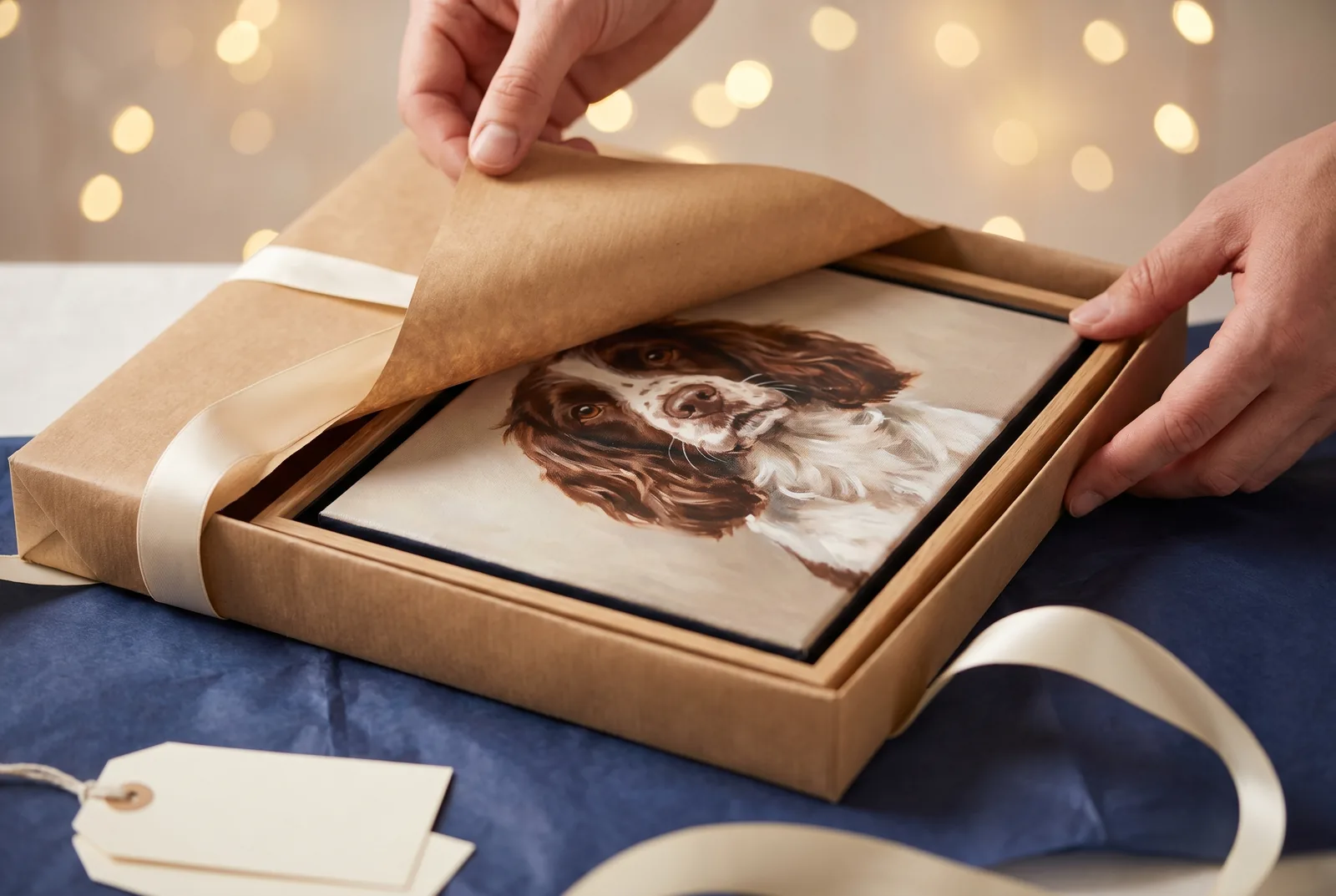 Hände wickeln ein Geschenk aus und enthüllen ein gerahmtes Hundeportrait im schlanken Echtholz-Rahmen, mit Kraftpapier und Satinband — Sinnbild für ein Tierportrait als Geschenk.