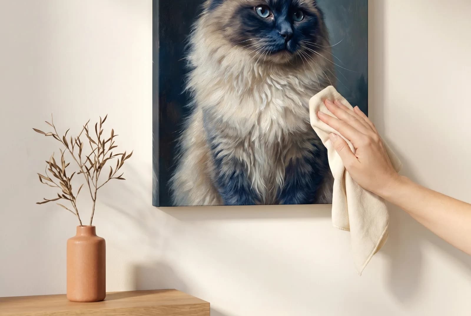 Eine Hand reinigt vorsichtig mit einem weichen Tuch ein großes Katzenportrait auf gespannter Leinwand an einer Wohnzimmerwand — Pflege und Konservierung eines Leinwand-Tierportraits.