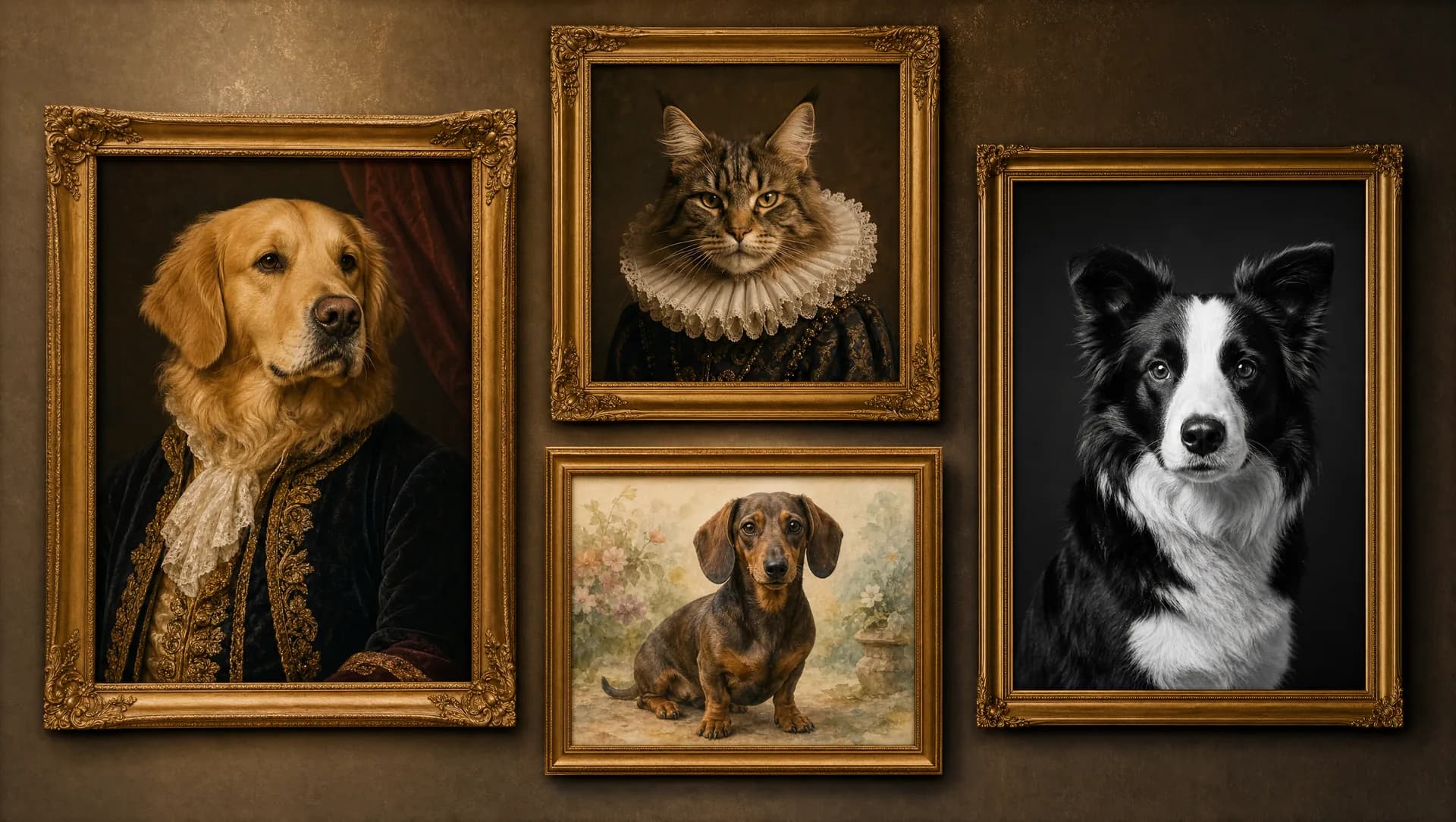 Editorial Galerie-Wand mit vier Tierporträts in verschiedenen Stilen: Golden Retriever im Barock-Stil, Maine-Coon-Katze im Elisabethanischen, Dackel in Aquarell-Gartenszene und Border Collie in modernem Studio-Schwarzweiß — Übersicht aller Stile von Pet Person.