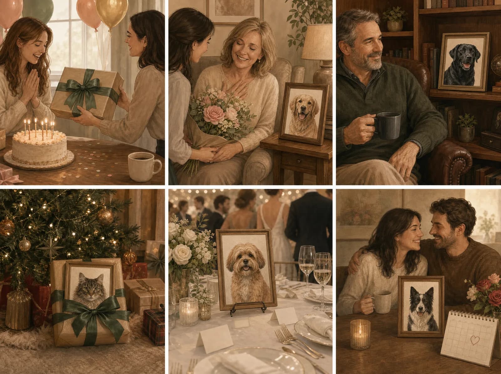 Sechs Geschenkanlässe für ein Tierportrait in einer Collage: Geburtstag mit Kuchen, Muttertag mit Blumenstrauß, Vatertag mit Kaffeetasse, Weihnachten unter dem Baum, Hochzeitstafel und Adoption-Jahrestag.