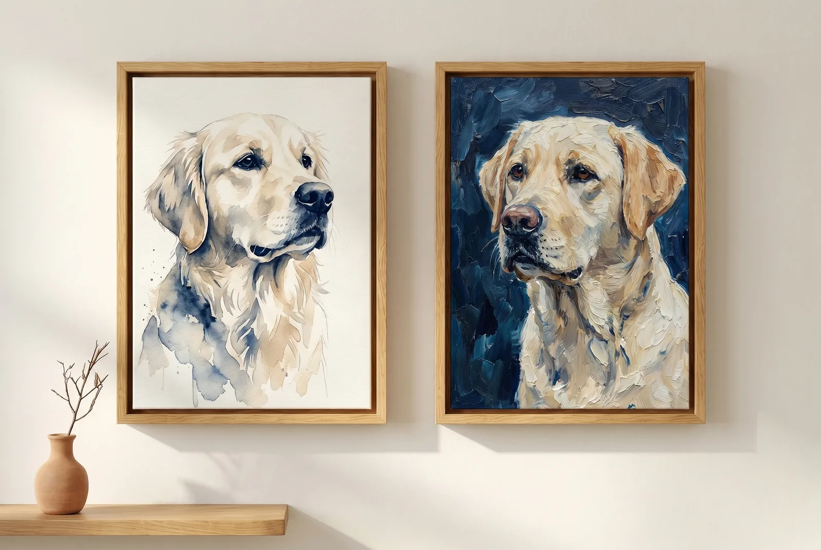 Zwei gerahmte Hundeportraits im schlanken Echtholz-Rahmen nebeneinander: links ein zartes Aquarell mit weichen Konturen, rechts ein texturierter impressionistischer Ölstil.