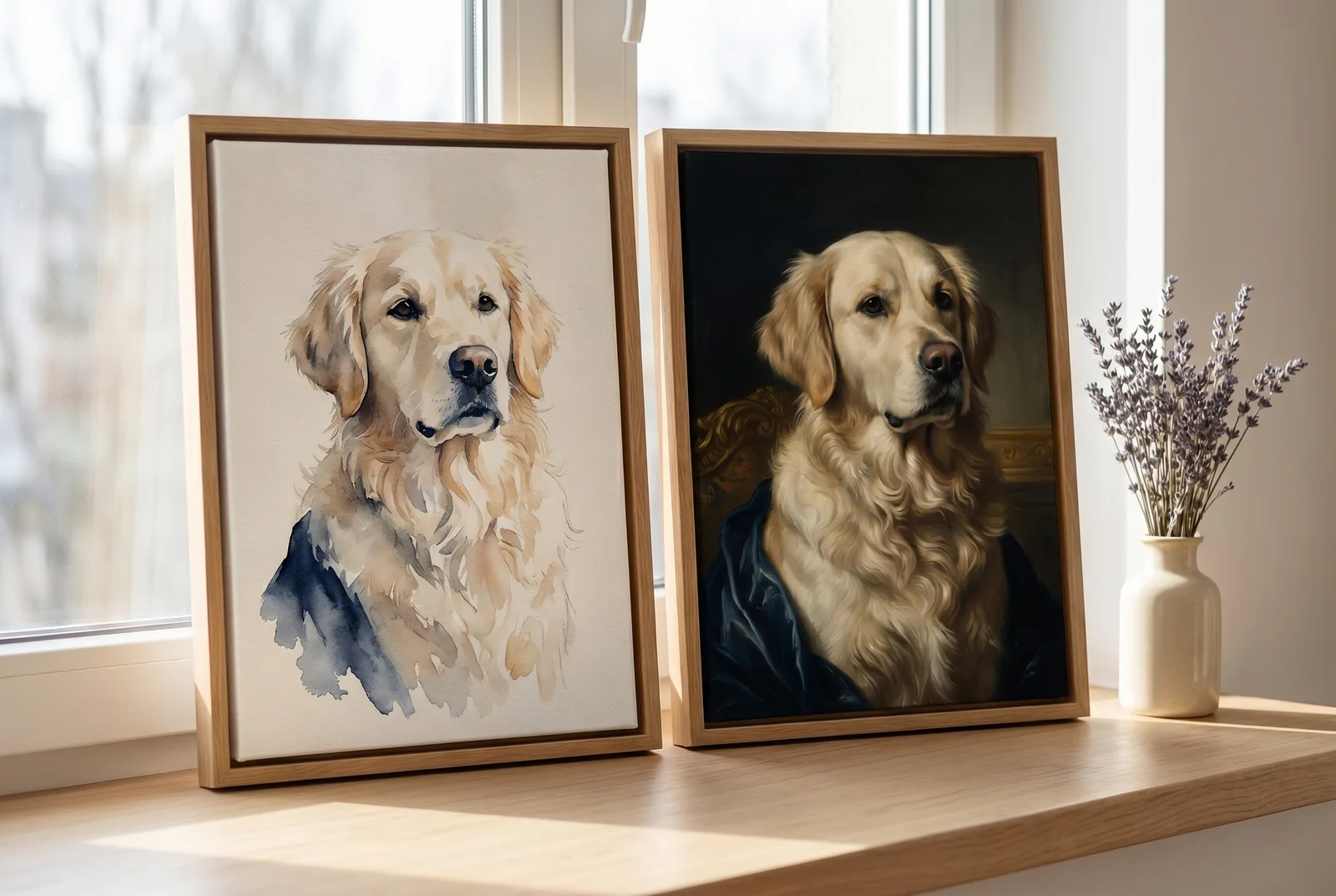 Zwei gerahmte Hundeportraits im schlanken Echtholz-Rahmen nebeneinander auf einer Fensterbank mit Lavendel: links ein weiches Aquarell, rechts ein formelles royales Ölgemälde.