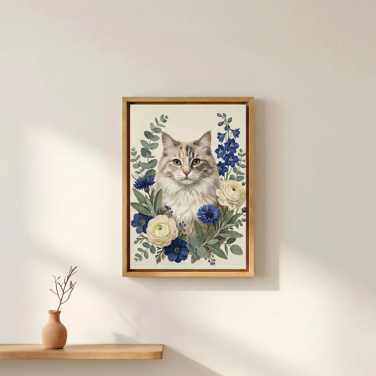 Gerahmtes Katzenportrait im botanischen Stil, umgeben von Pfingstrosen, Kornblumen und Eukalyptus, im schlanken Echtholz-Rahmen an einer hellen Wand.