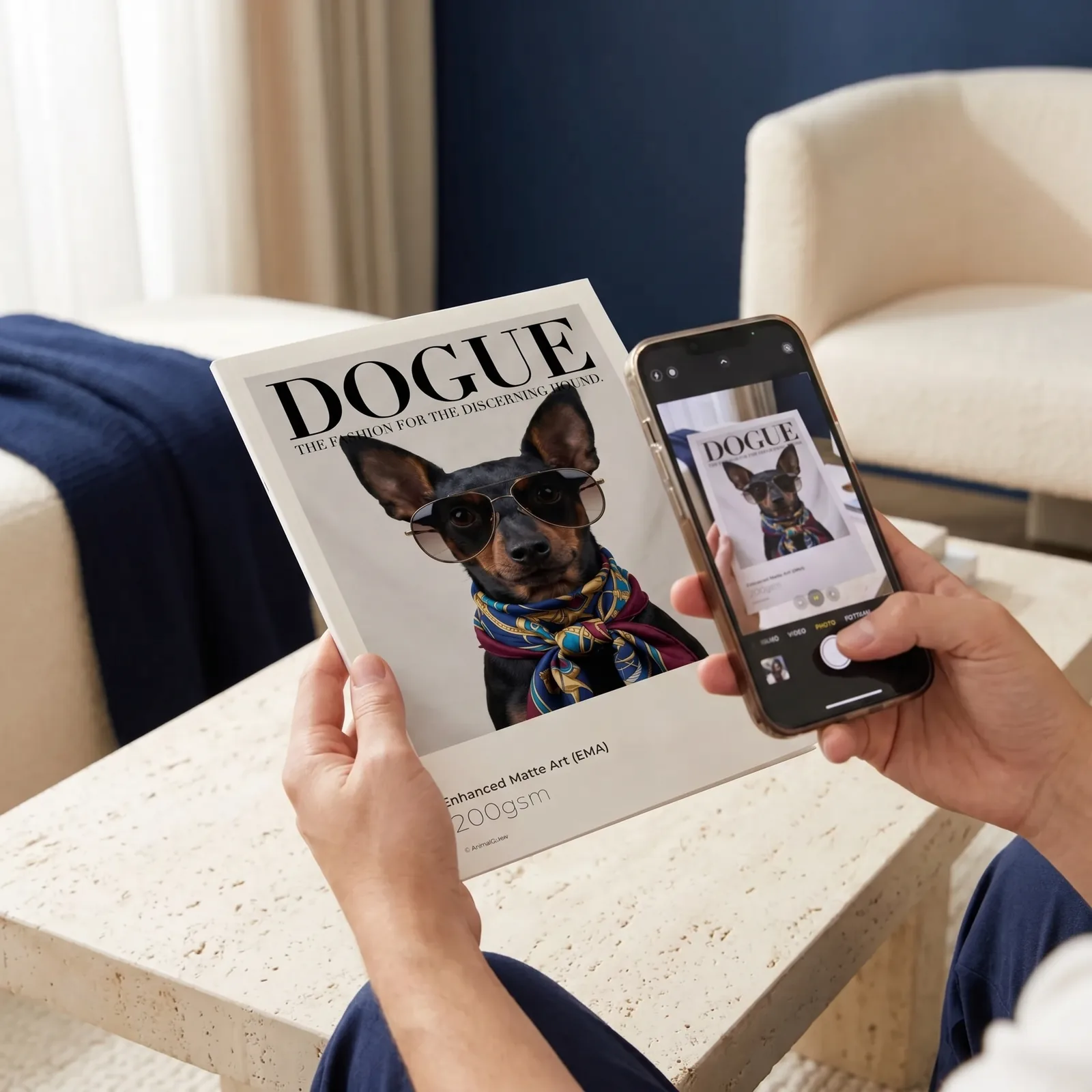 Hände halten ein gedrucktes DOGUE-Magazincover mit einem stylischen Hund mit Sonnenbrille und fotografieren es mit dem Smartphone fürs Social-Media-Posting.