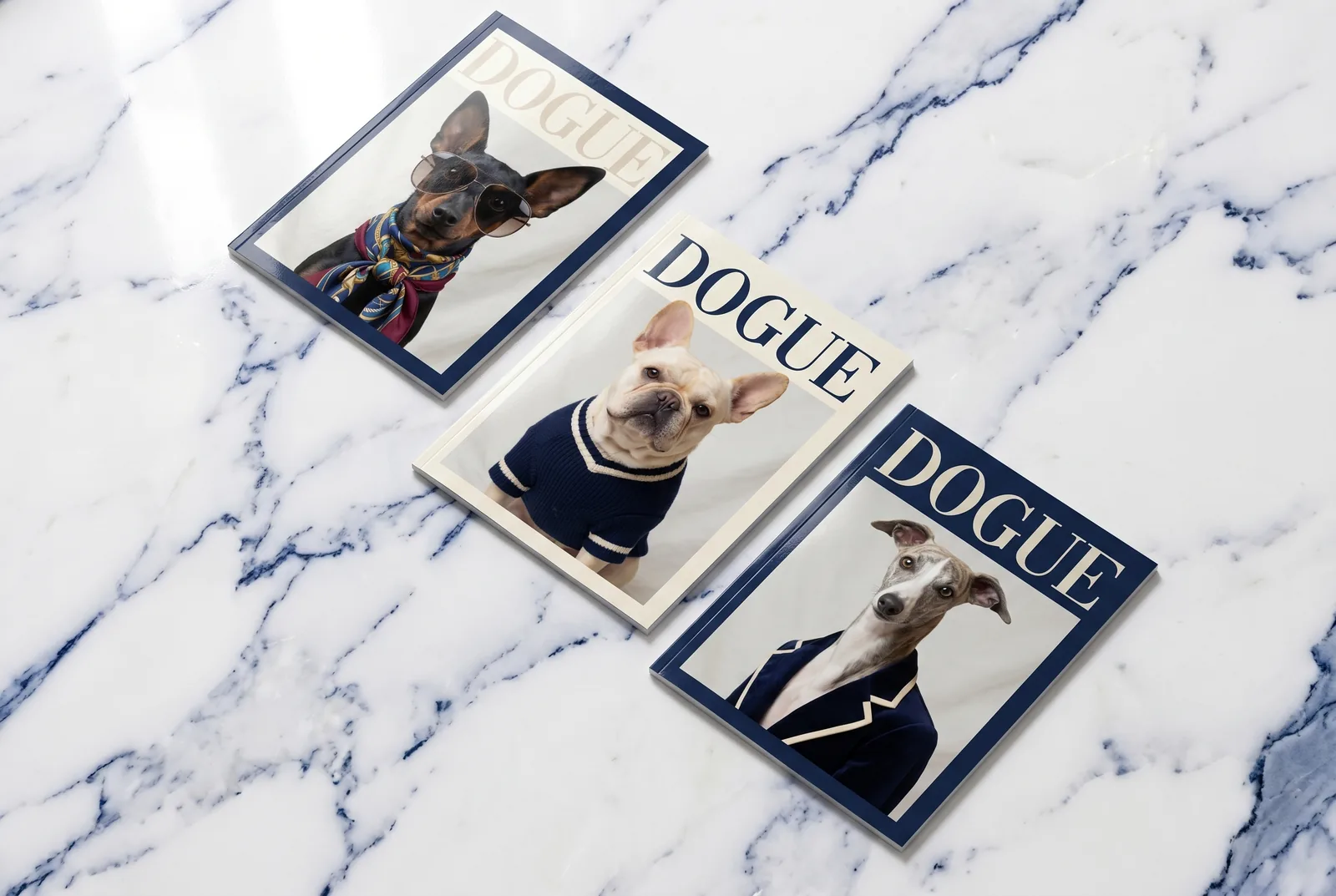 Drei gedruckte DOGUE-Magazincover nebeneinander auf einer Marmorfläche, jedes mit einer anderen Hunderasse im stilvollen Outfit.
