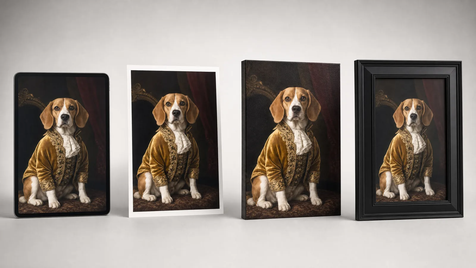 Vier Druck-Varianten desselben Beagle-Tierportraits im Barockstil nebeneinander: digitaler Download auf Tablet, Fine-Art-Papier-Print, Leinwand auf Keilrahmen und gerahmte Leinwand in schwarzem Holzrahmen.