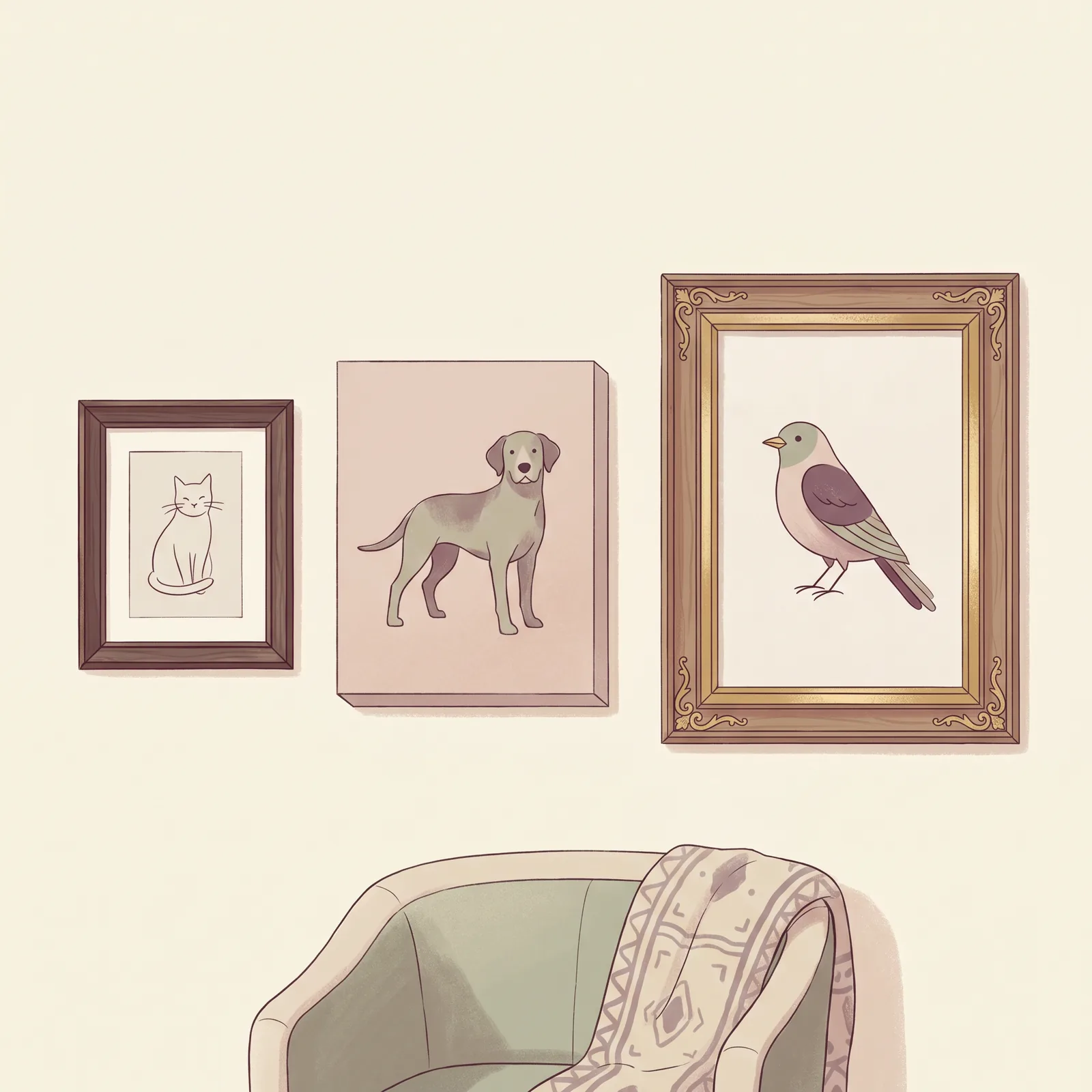 Editorial-Illustration: Fine Art Print, Leinwand und gerahmte Leinwand nebeneinander an einer Wand zum Größenvergleich.