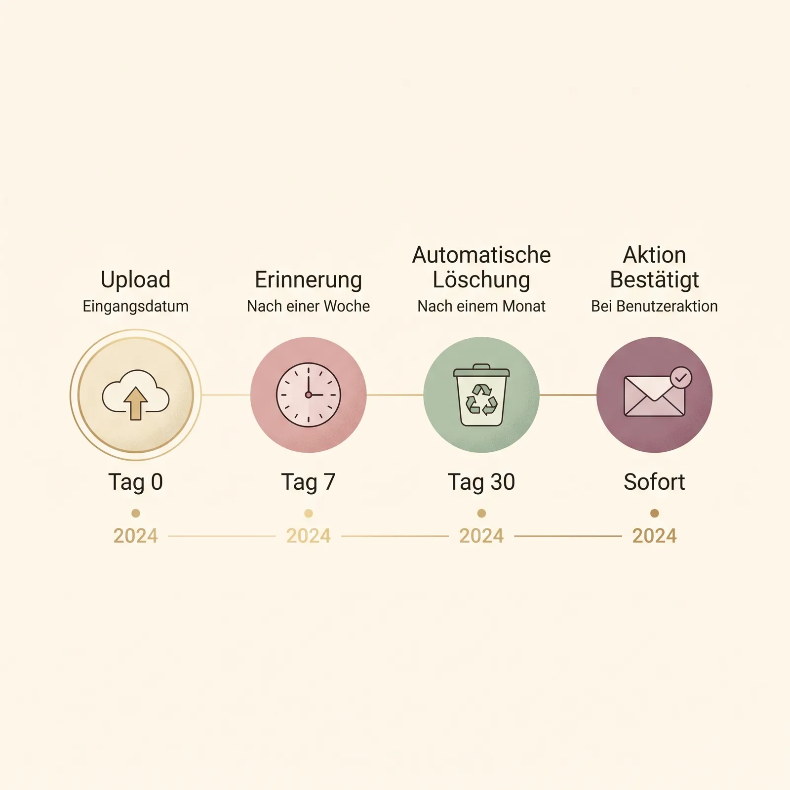 Editorial-Illustration: Lösch-Timeline für Tierfotos — Tag 0 Upload, Tag 7 Download-Link, Tag 30 automatische Löschung, Sofort-Löschung auf Wunsch.