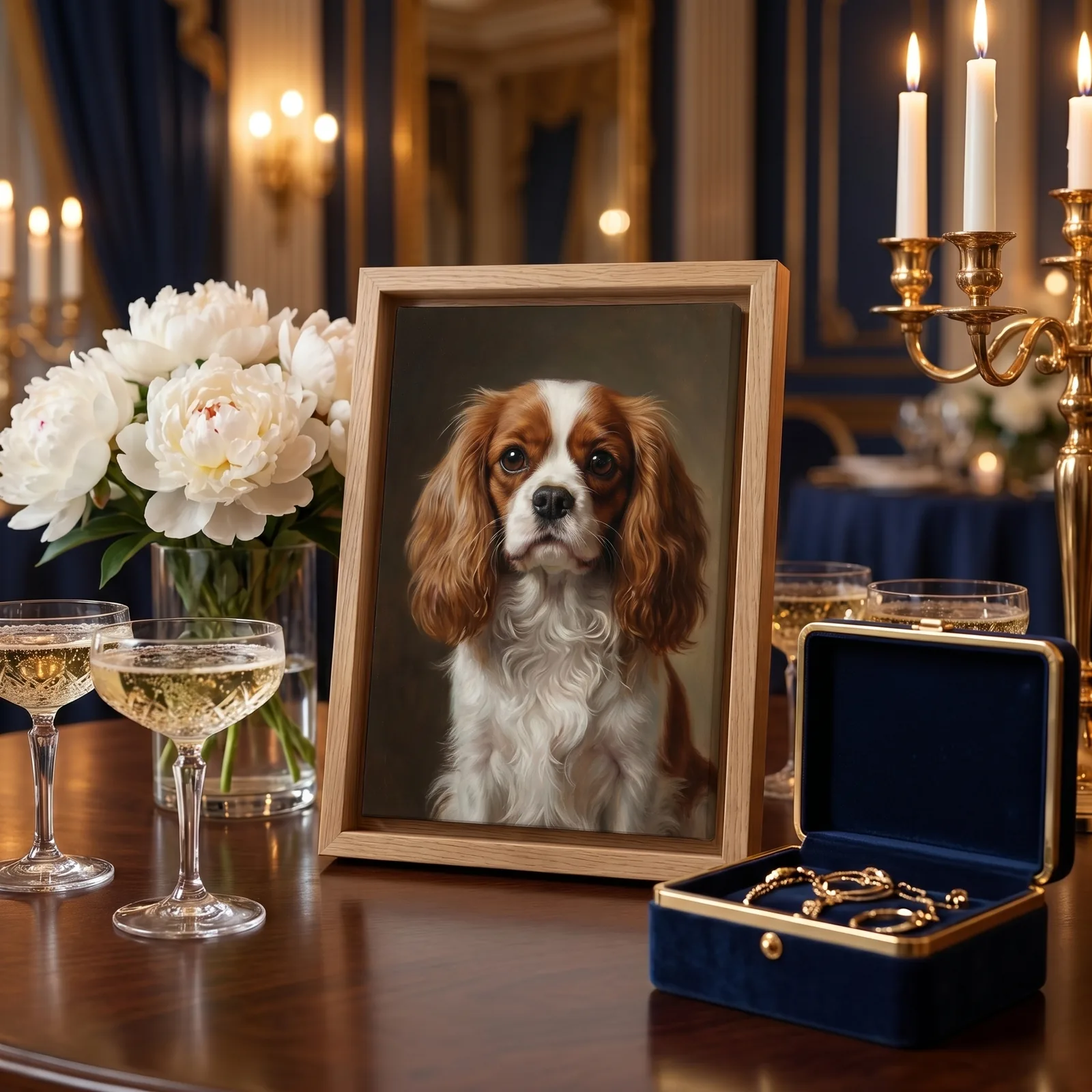Kleines gerahmtes Hundeportrait im schlanken Echtholz-Rahmen zwischen Champagnergläsern, weißen Pfingstrosen und einer Samt-Schmuckschatulle auf einem dunklen Tisch bei Kerzenlicht.