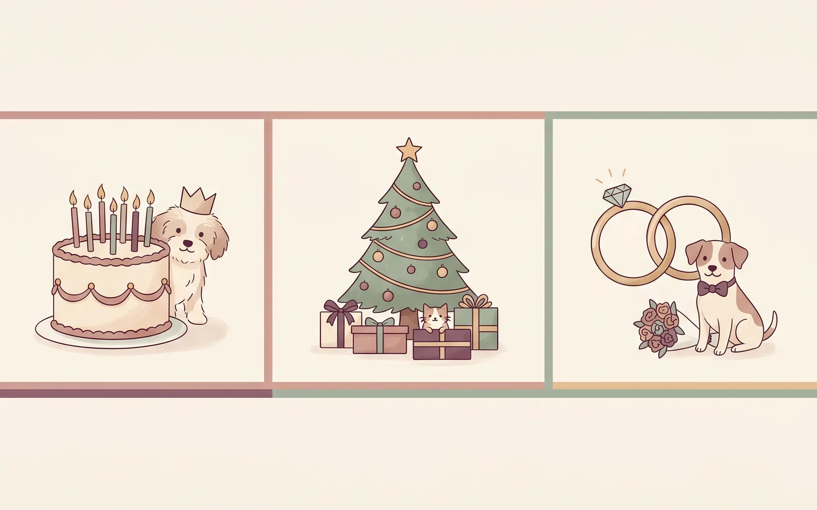 Editorial-Illustration: drei klassische Geschenkanlässe — Geburtstag, Weihnachten, Hochzeit — jeweils mit einem kleinen Tierportrait als Geschenk.