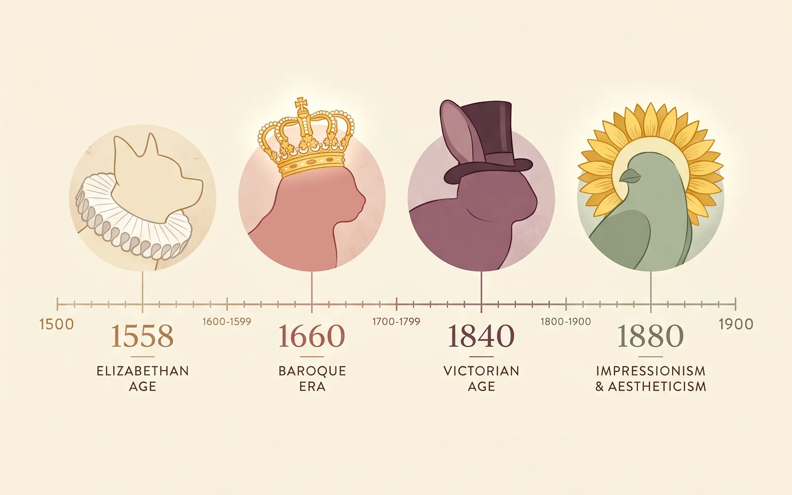 Editorial-Illustration: historische Zeitleiste 1500–1900 mit vier Tierportrait-Silhouetten in den Stilen Elisabethanisch, Barock, Viktorianisch und Impressionismus.