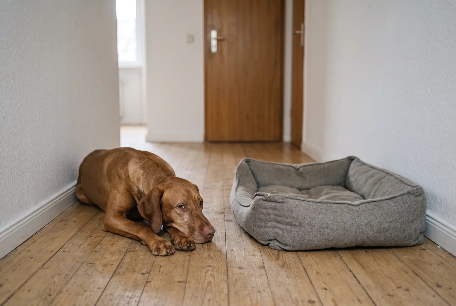 Brauner Hund liegt mit dem Kopf auf den Pfoten auf dem Dielenboden und schaut zum leeren Hundebett daneben — zurückgebliebenes Tier nach dem Tod des Zweithundes.