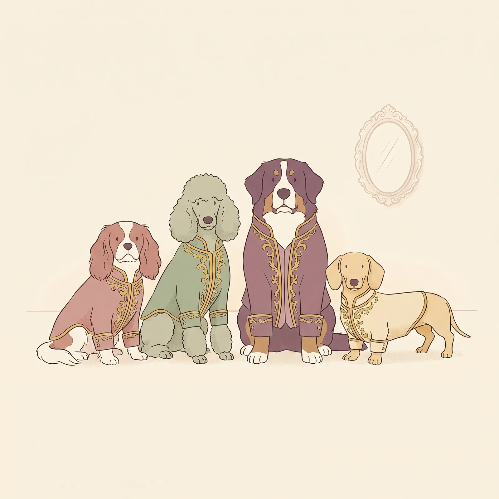 Editorial-Illustration: vier Hunderassen — Cavalier, Pudel, Berner Sennenhund, Dackel — jeweils in barocker Hofkleidung mit Goldverzierung.